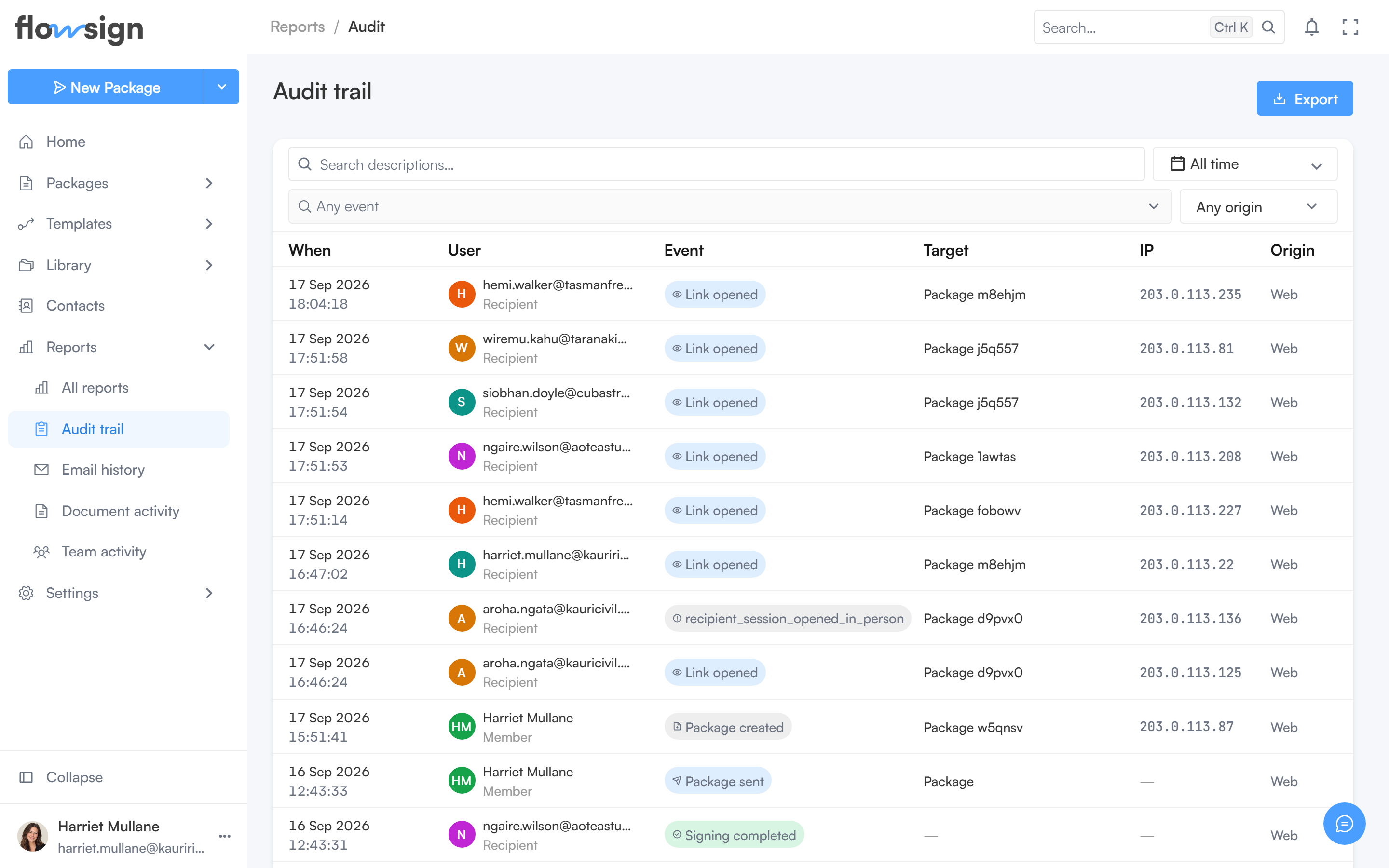 The audit trail report listing events with actor, action and time