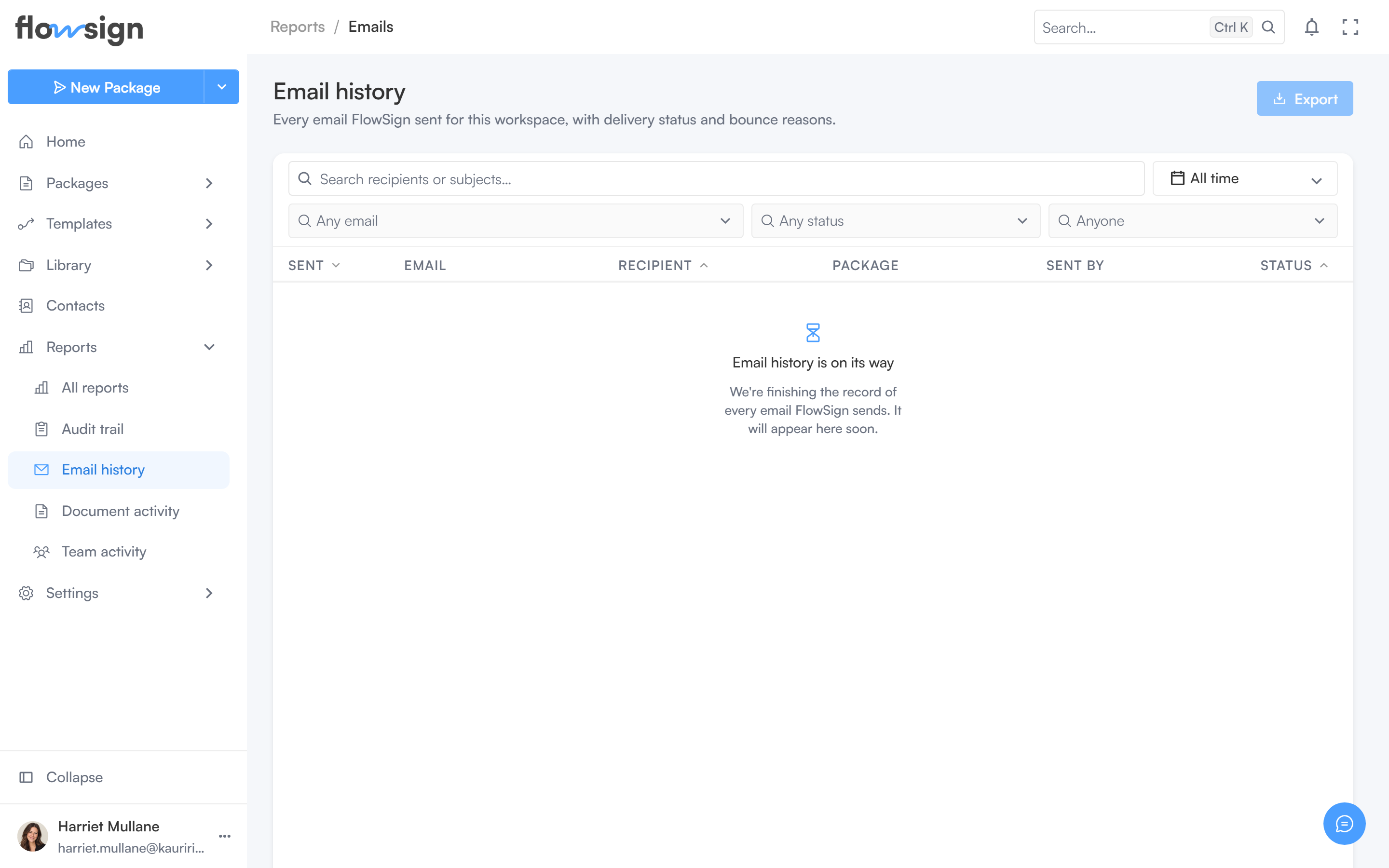 The email history report listing sent emails