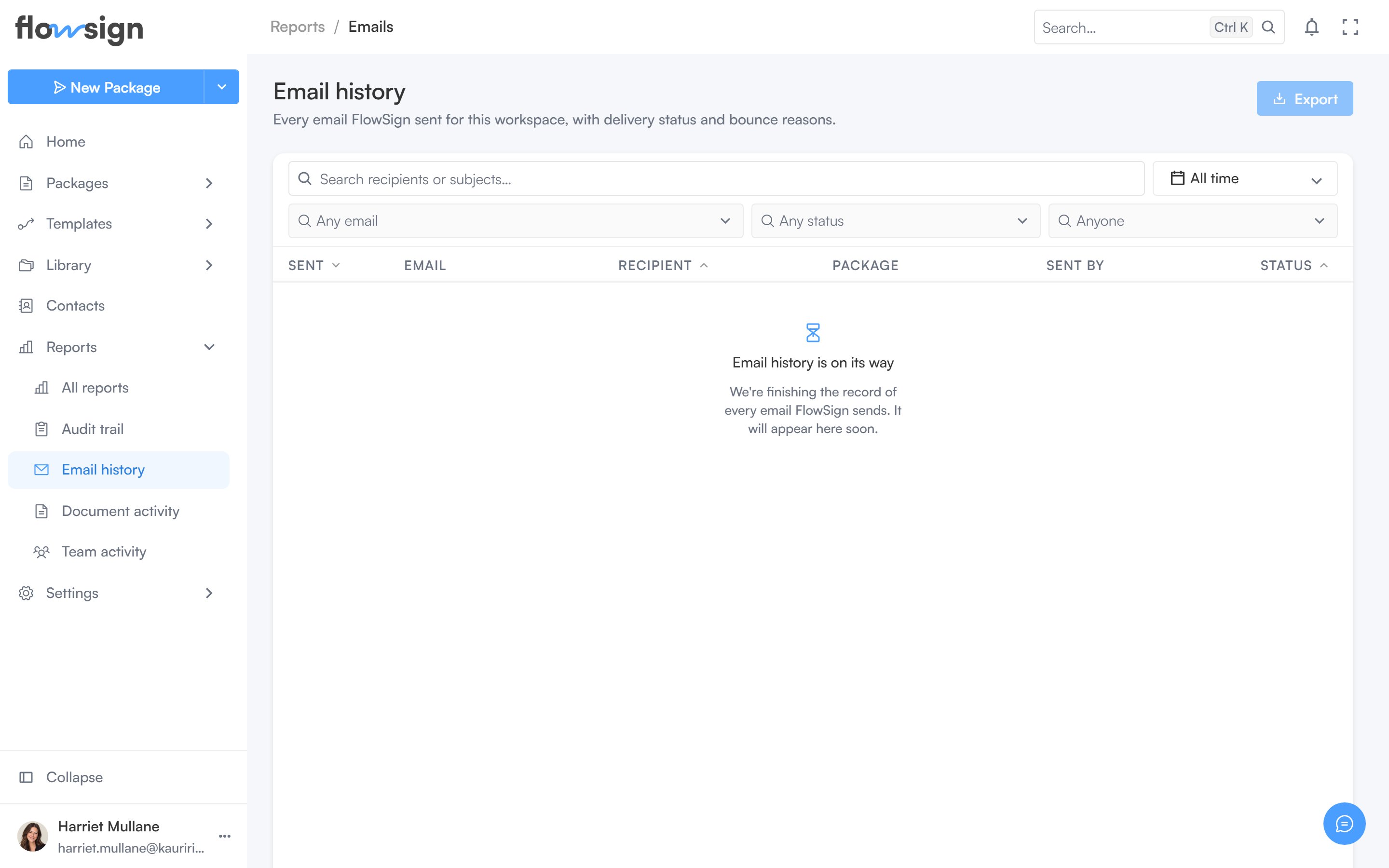The email history report listing sent emails