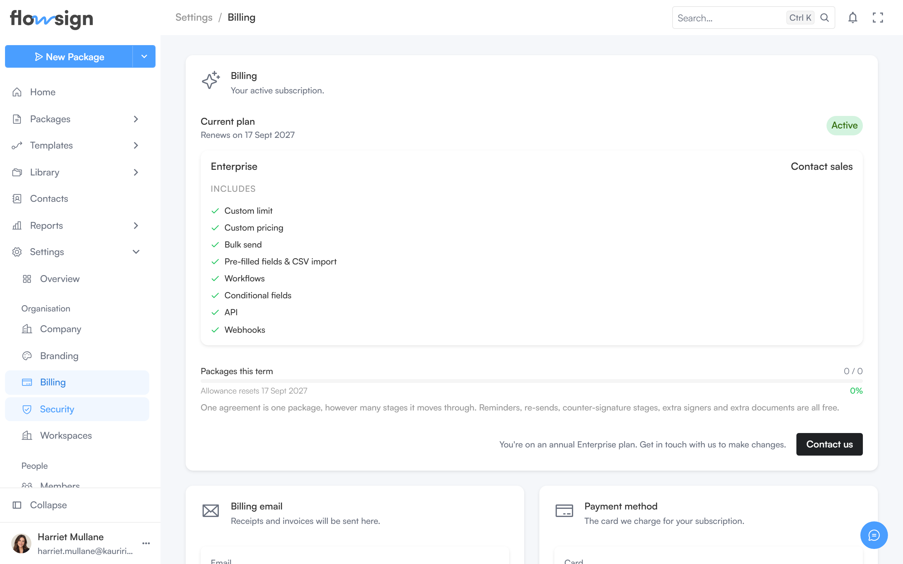 The billing settings page showing the active plan and usage