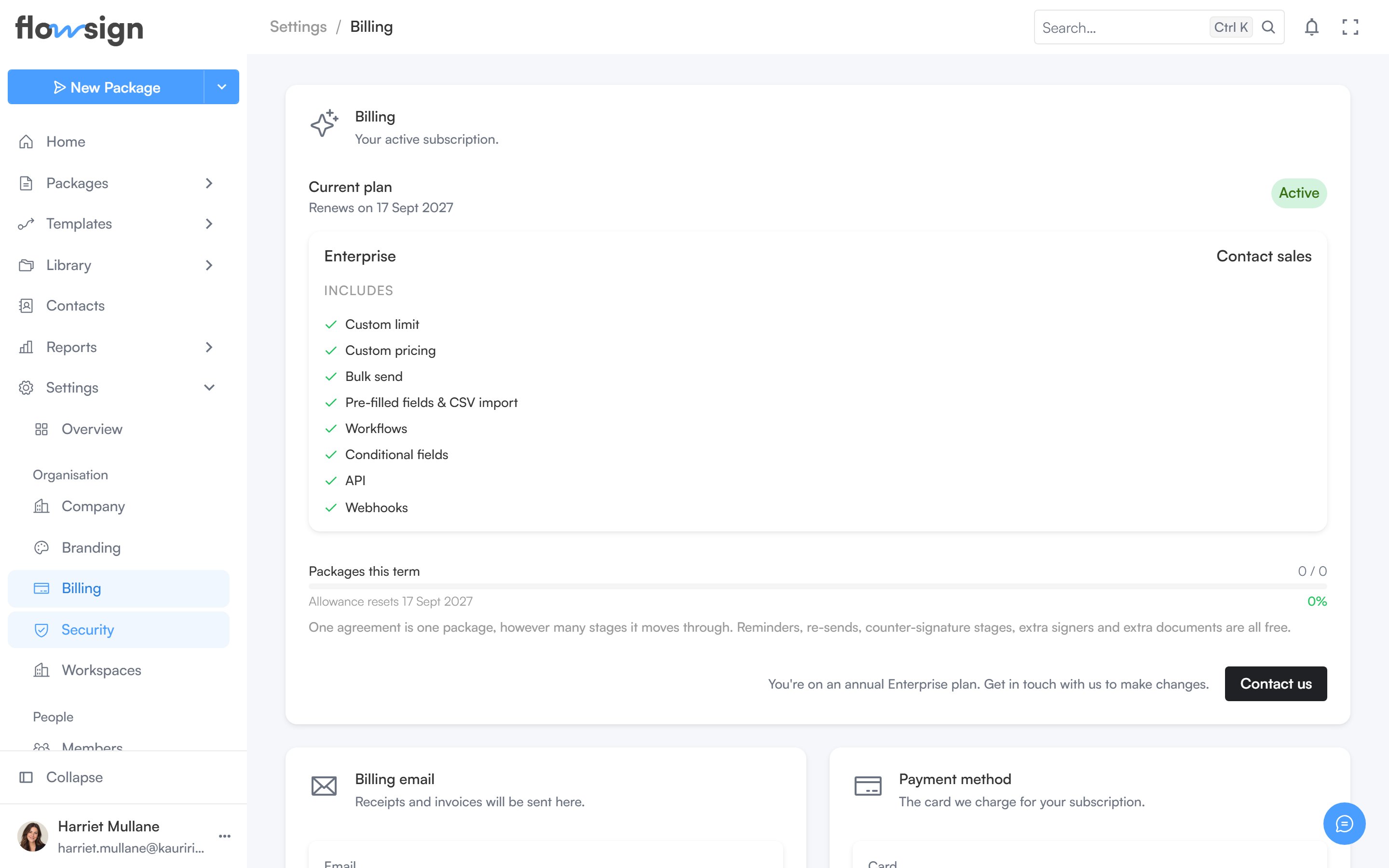 The billing settings page showing the active plan and usage