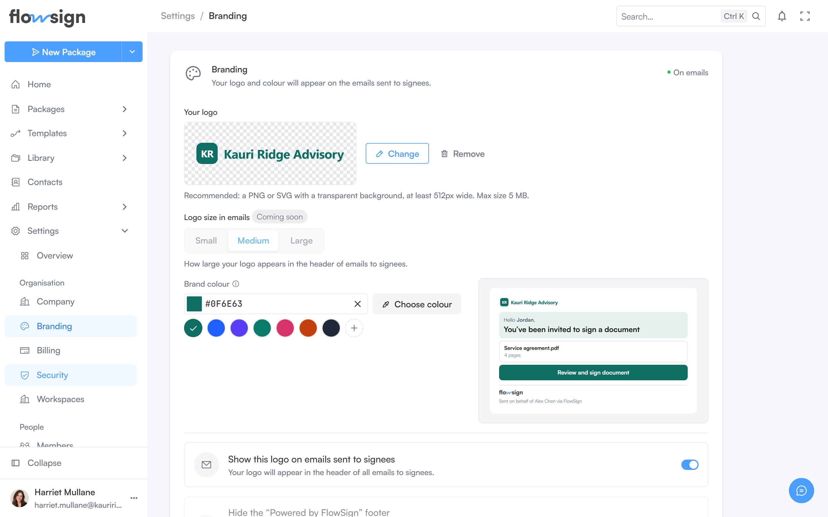 The branding settings page showing the logo and brand colour