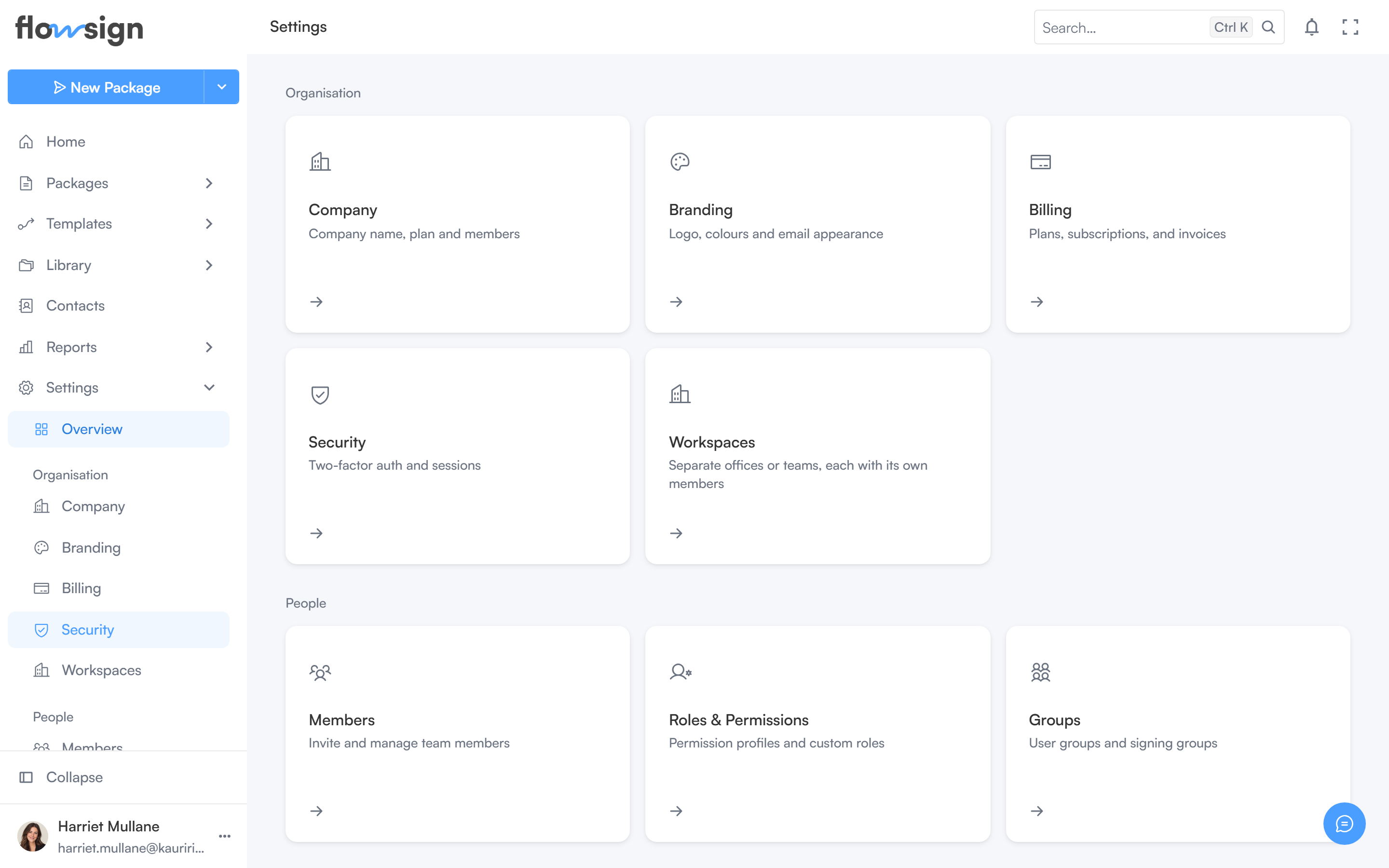 The company settings page
