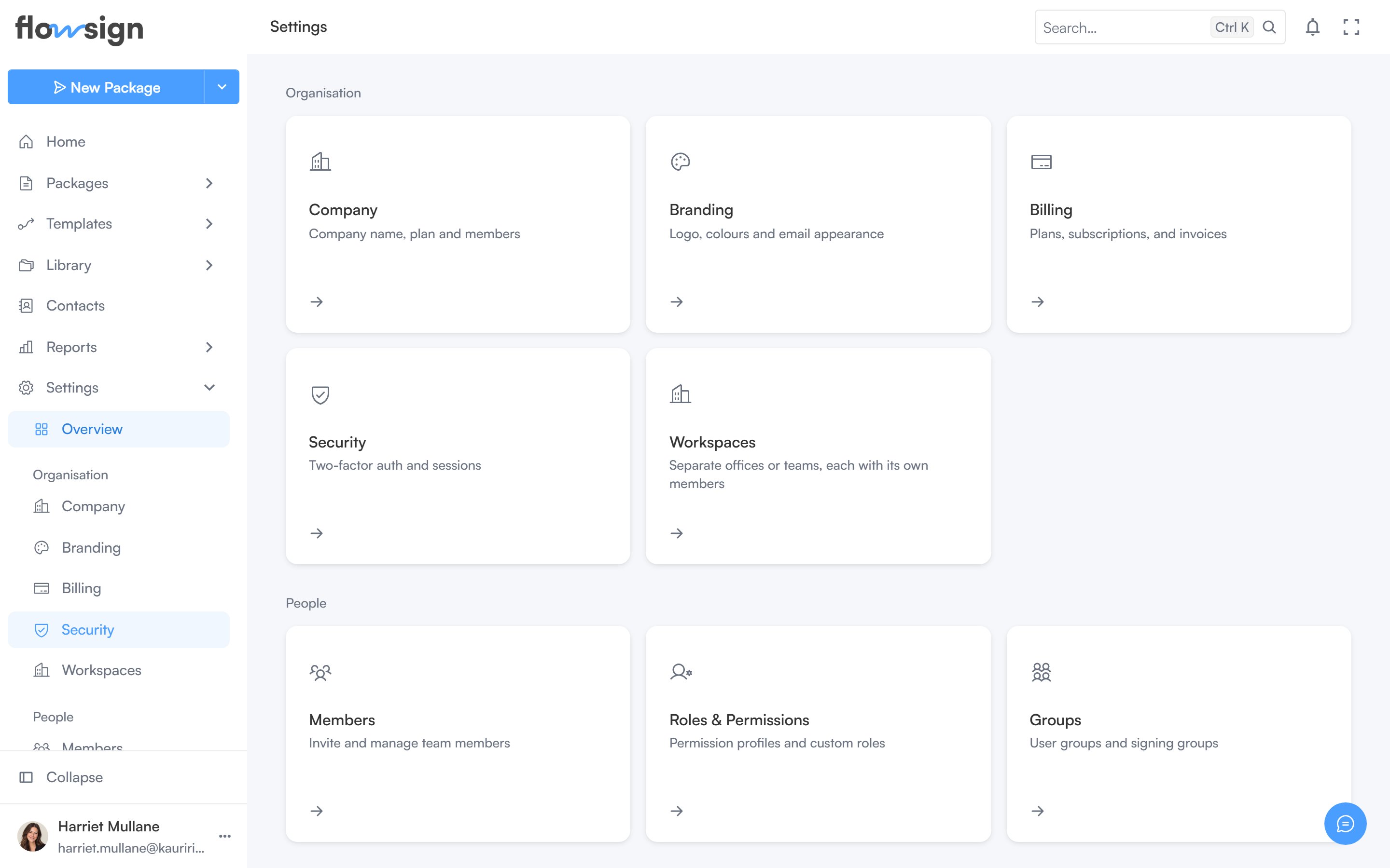 The company settings page