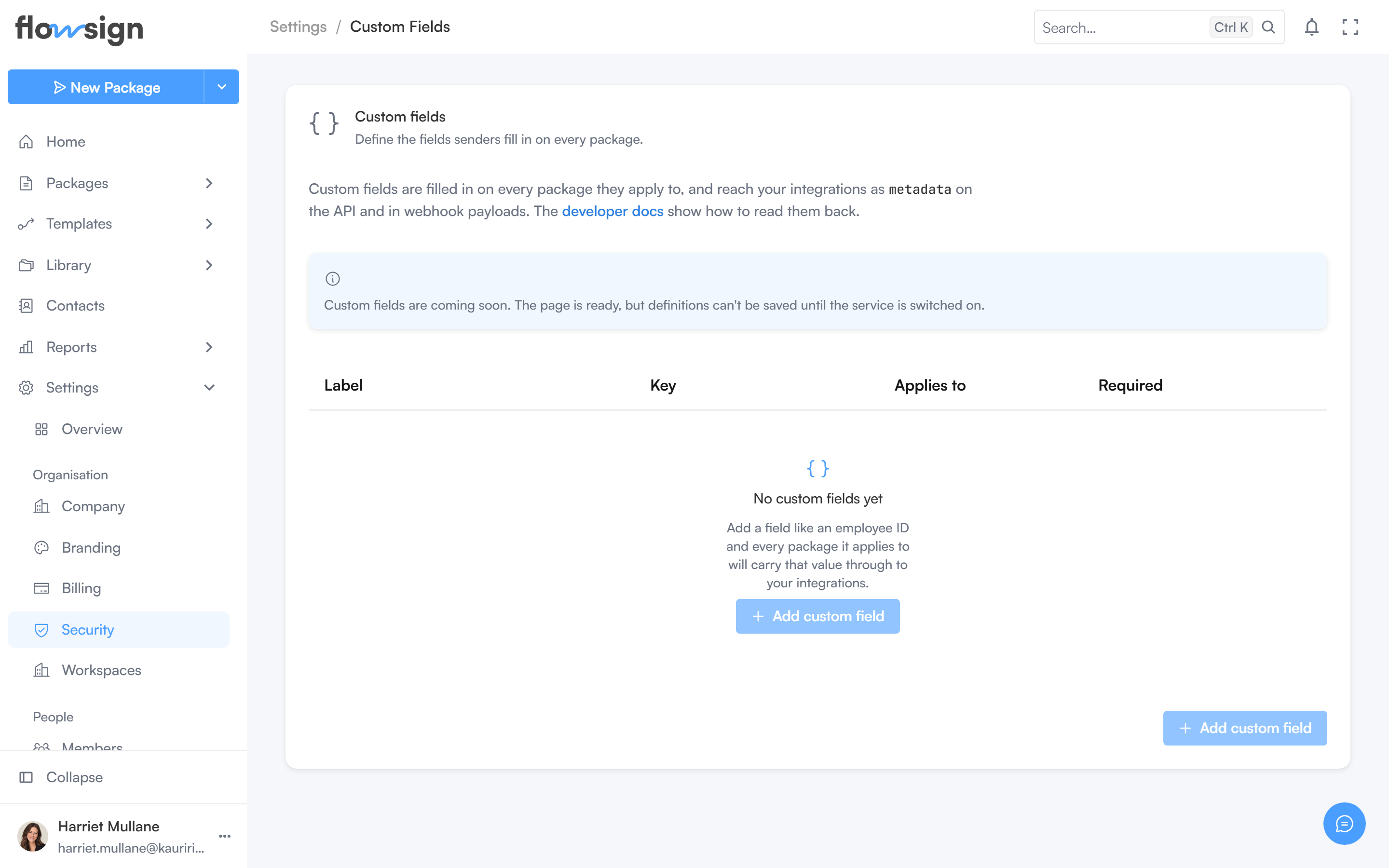 The custom fields settings page with a coming soon notice and an empty table