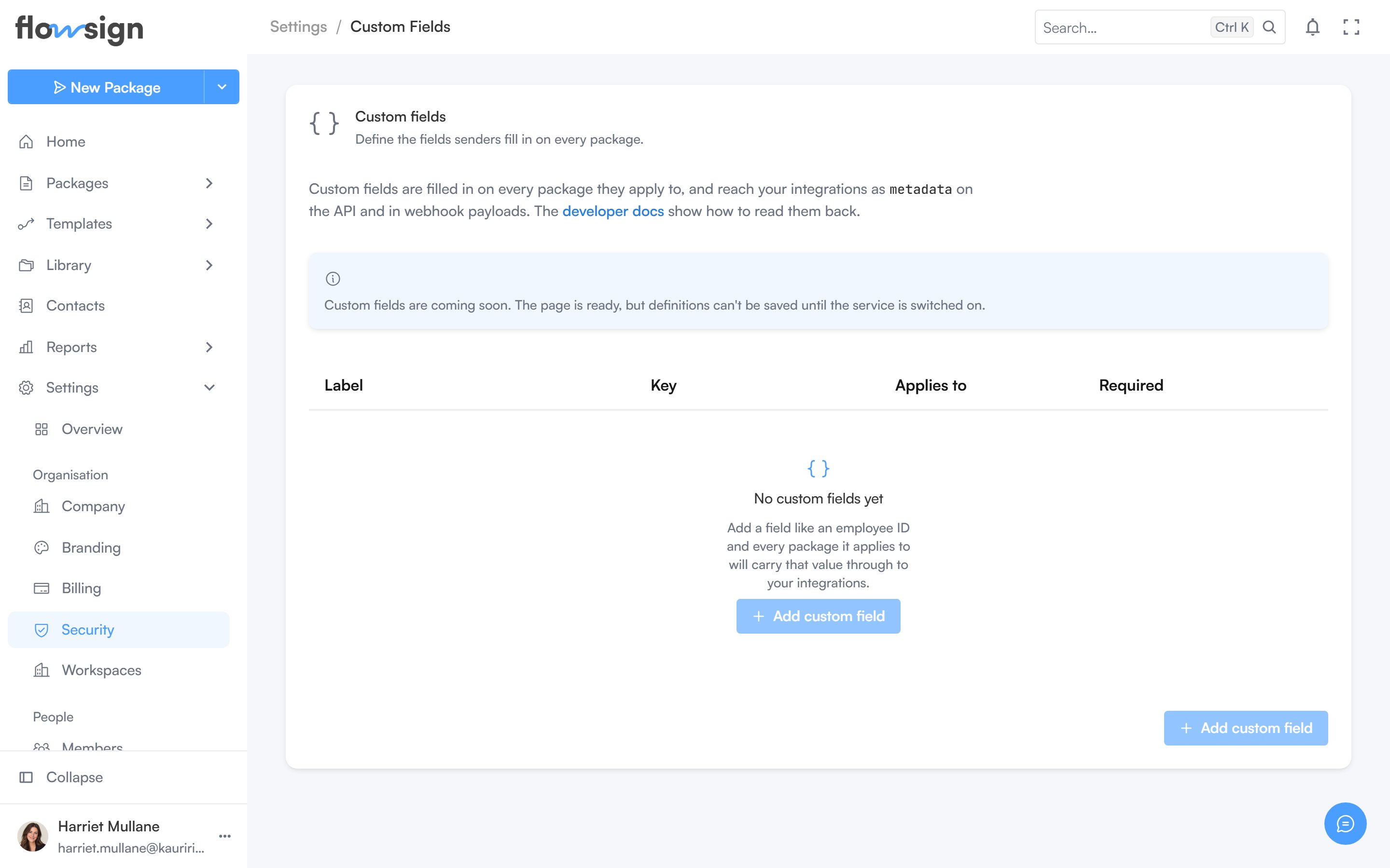 The custom fields settings page with a coming soon notice and an empty table