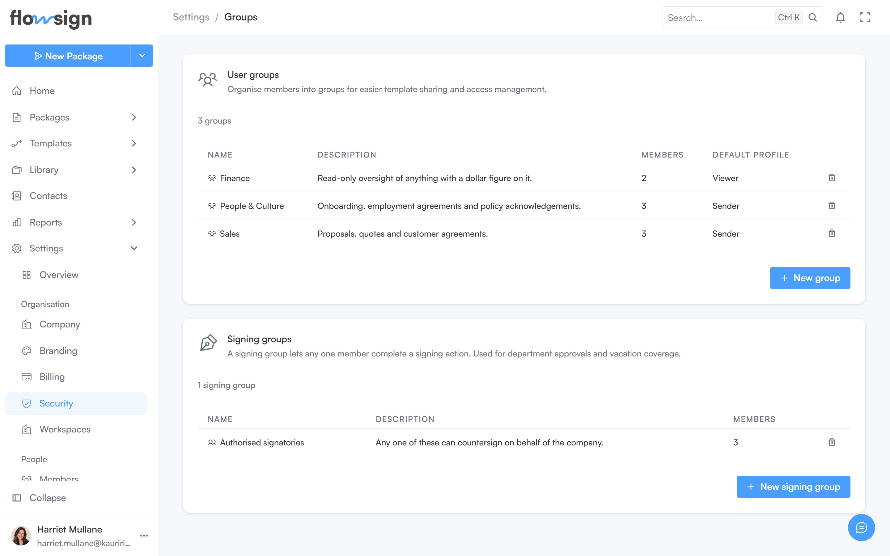 The groups settings page