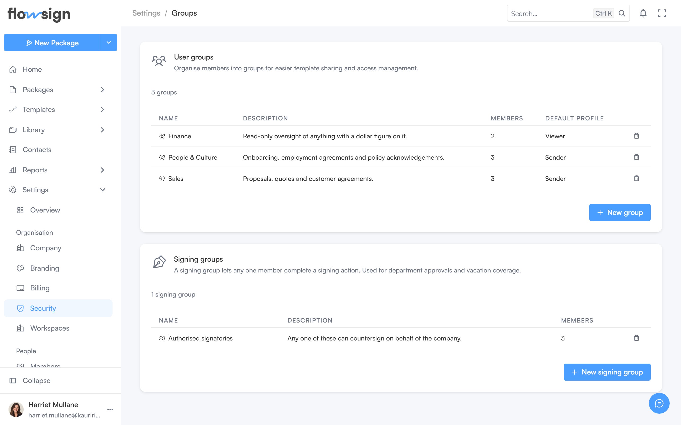 The groups settings page