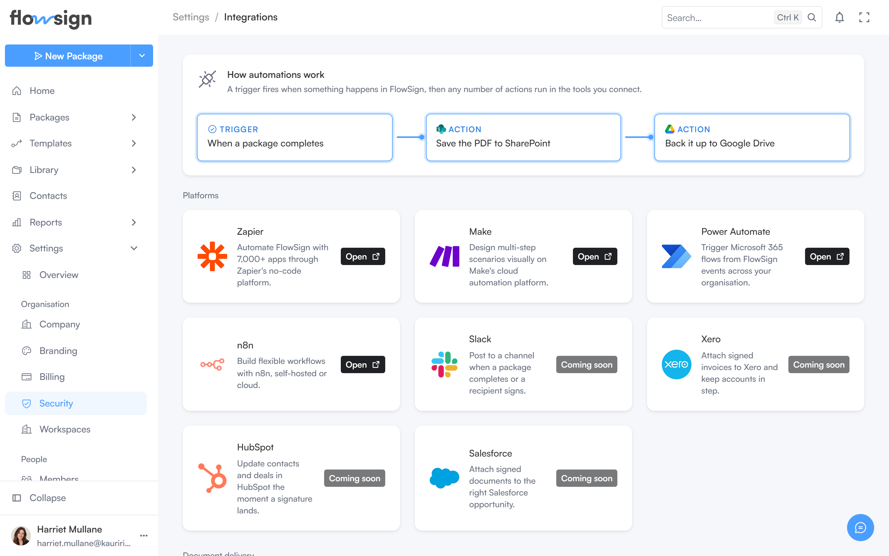 The integrations settings page listing available connectors
