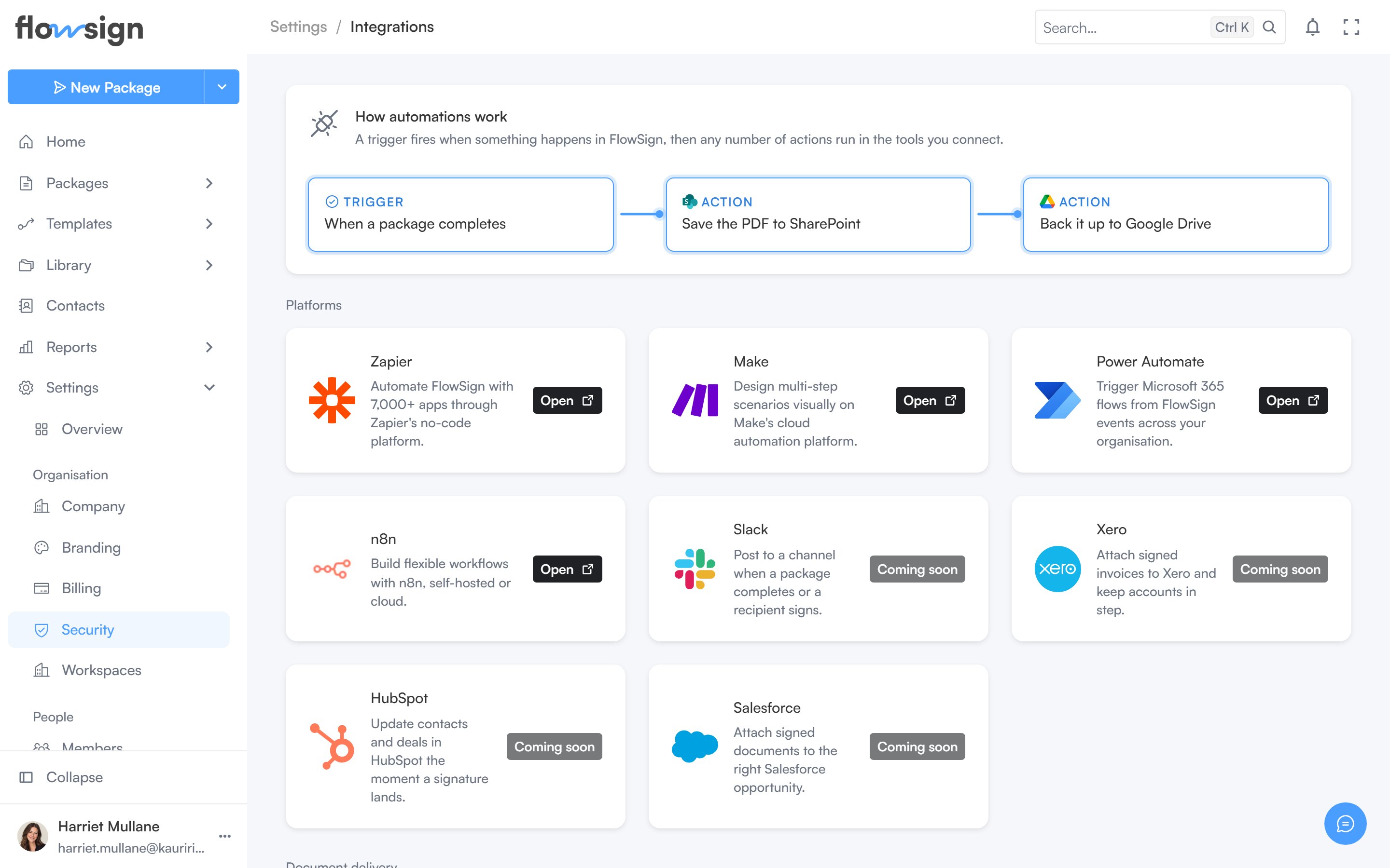 The integrations settings page listing available connectors
