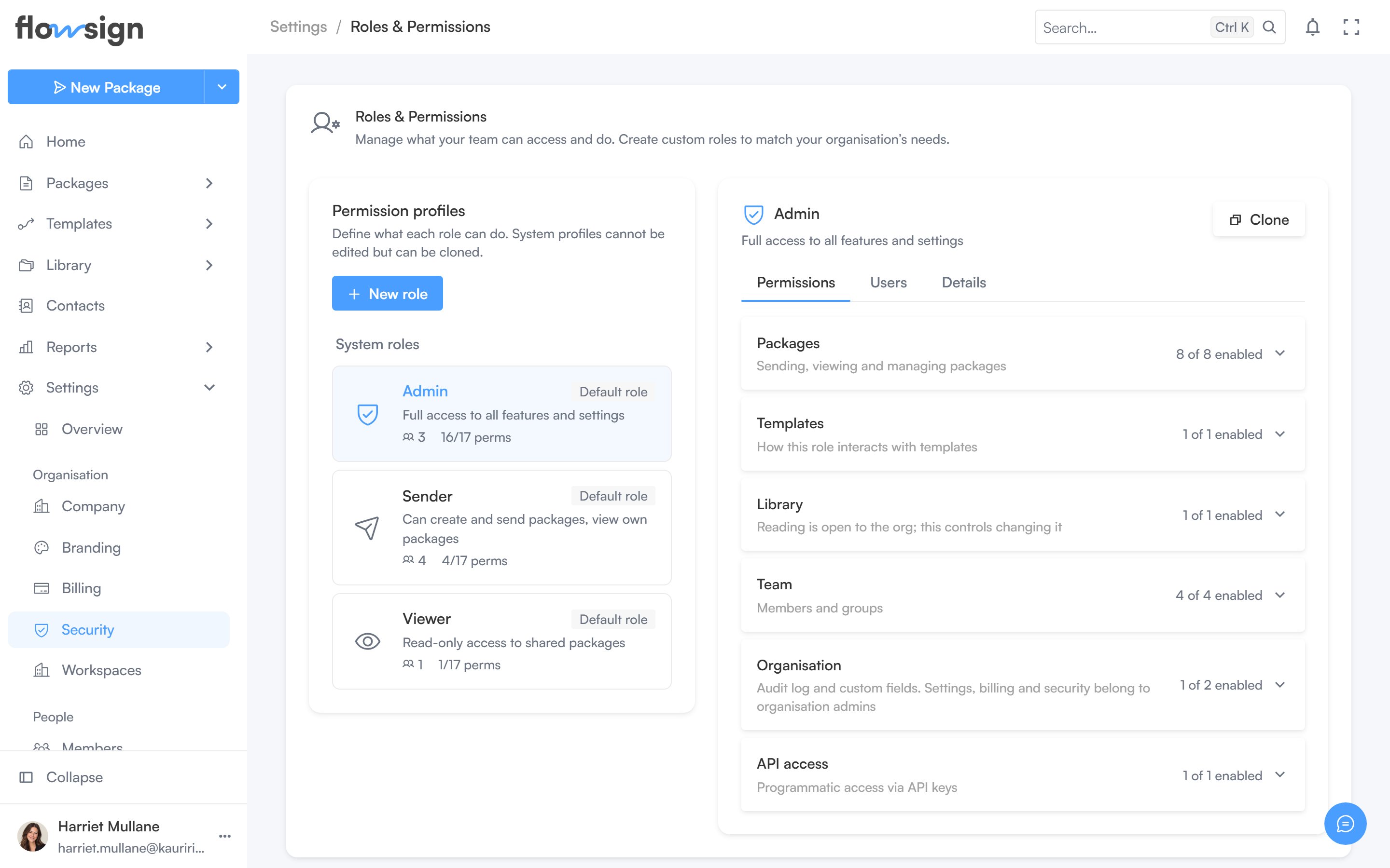 The roles and permissions settings page