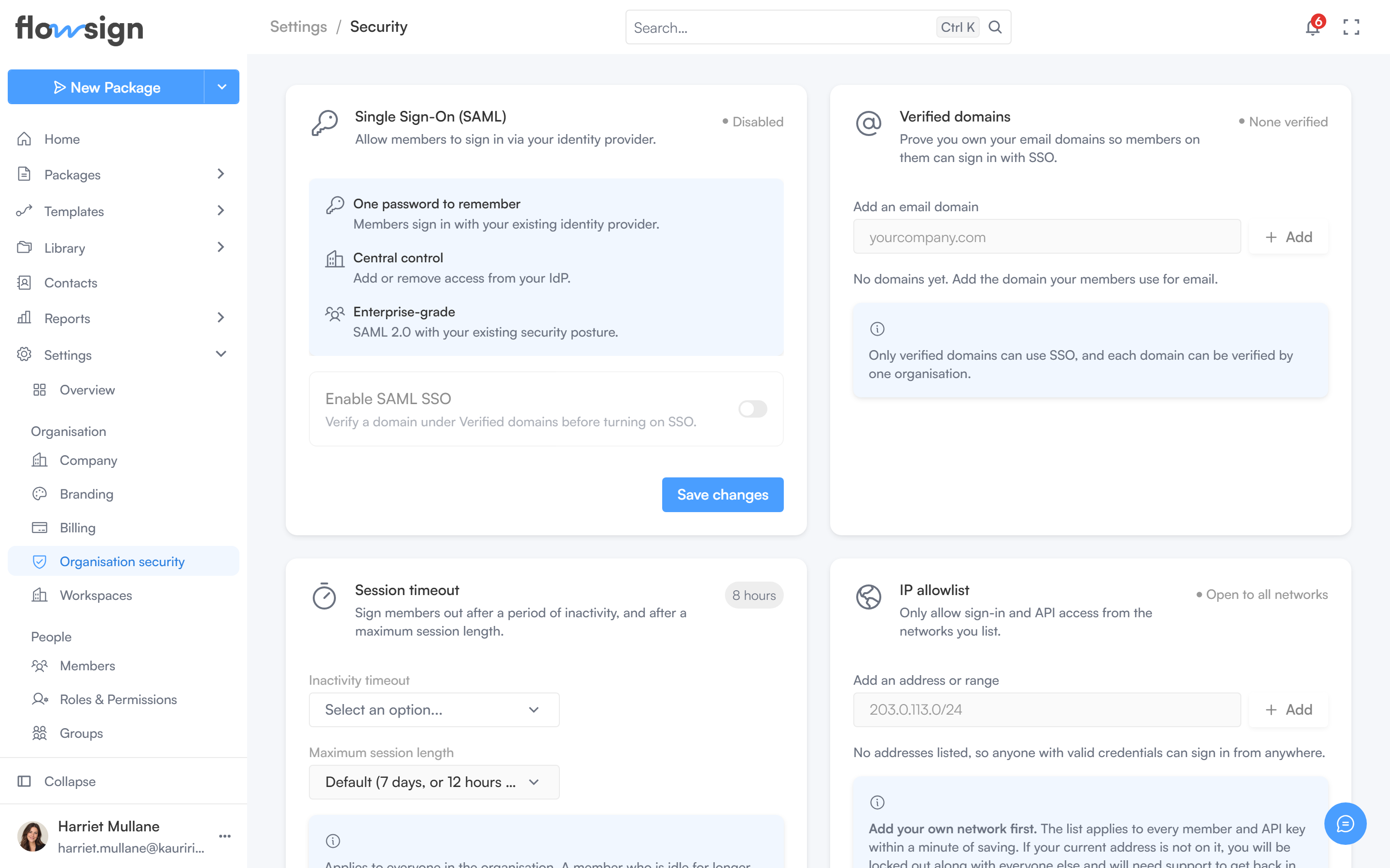 The organisation security settings page showing single sign-on, verified domains, session timeout and the IP allowlist