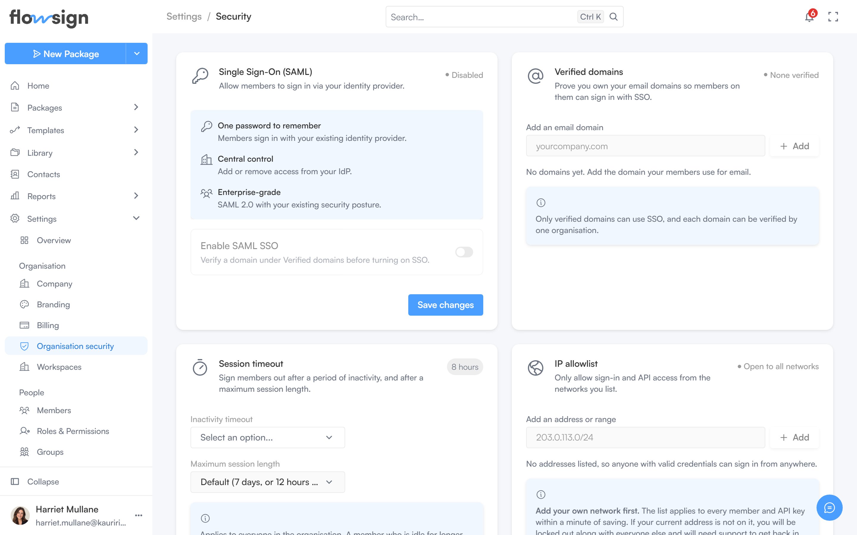 The organisation security settings page showing single sign-on, verified domains, session timeout and the IP allowlist