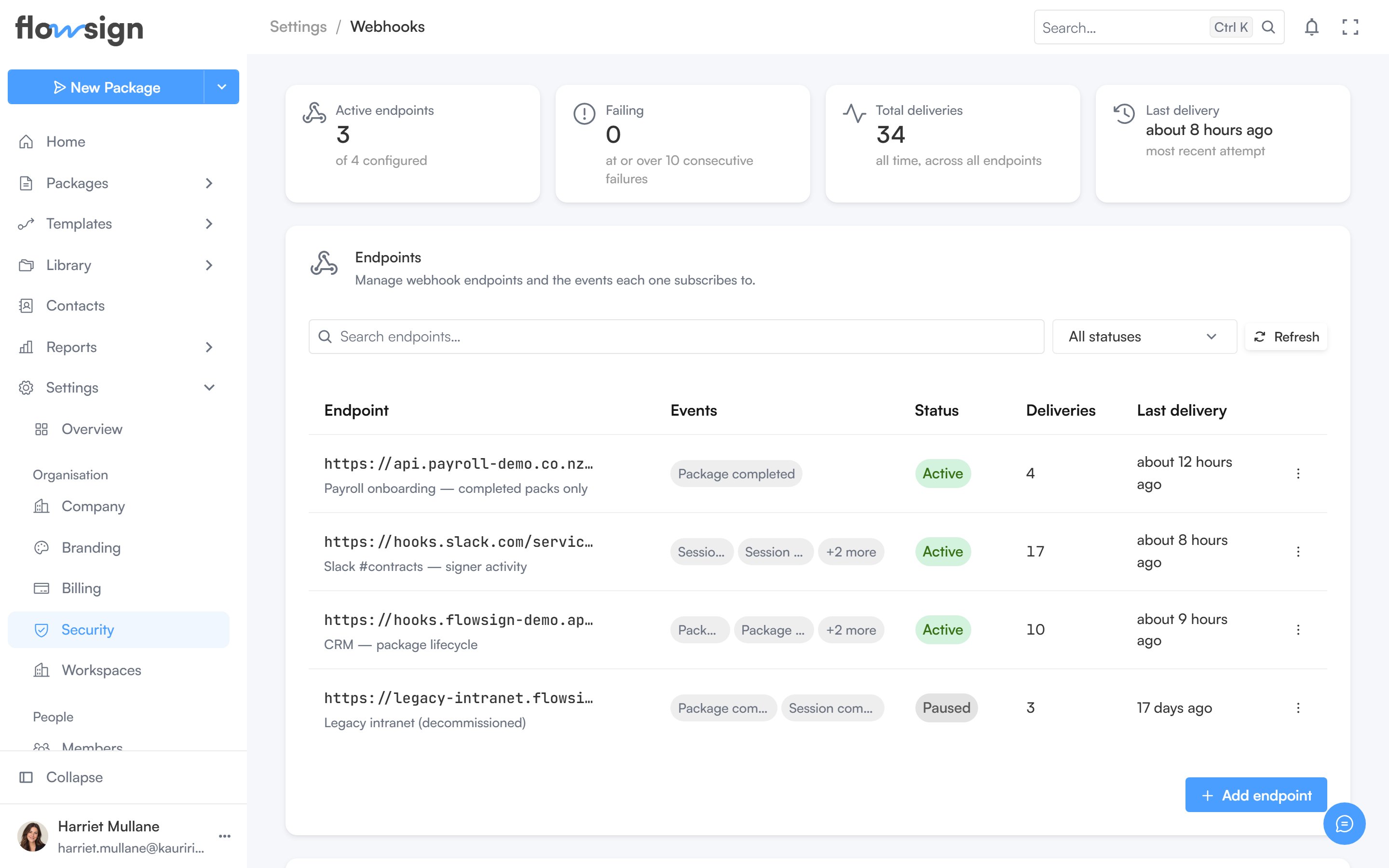 Webhooks settings page showing the four stat cards and the endpoints table