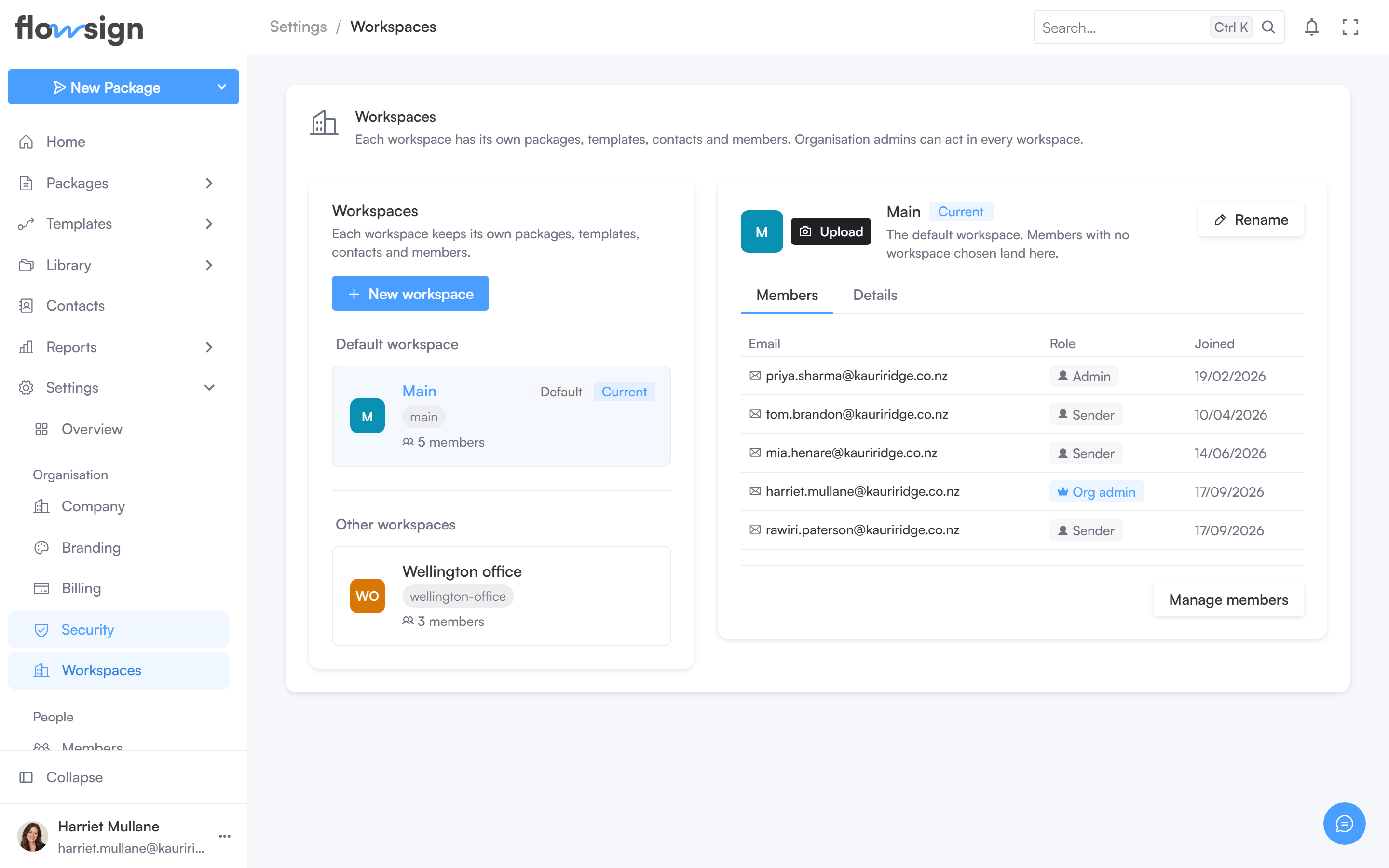 The workspaces settings page