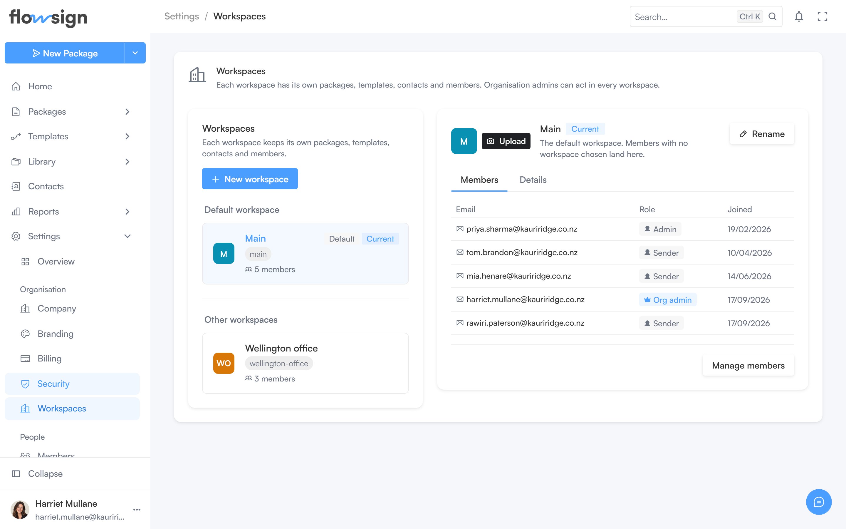 The workspaces settings page