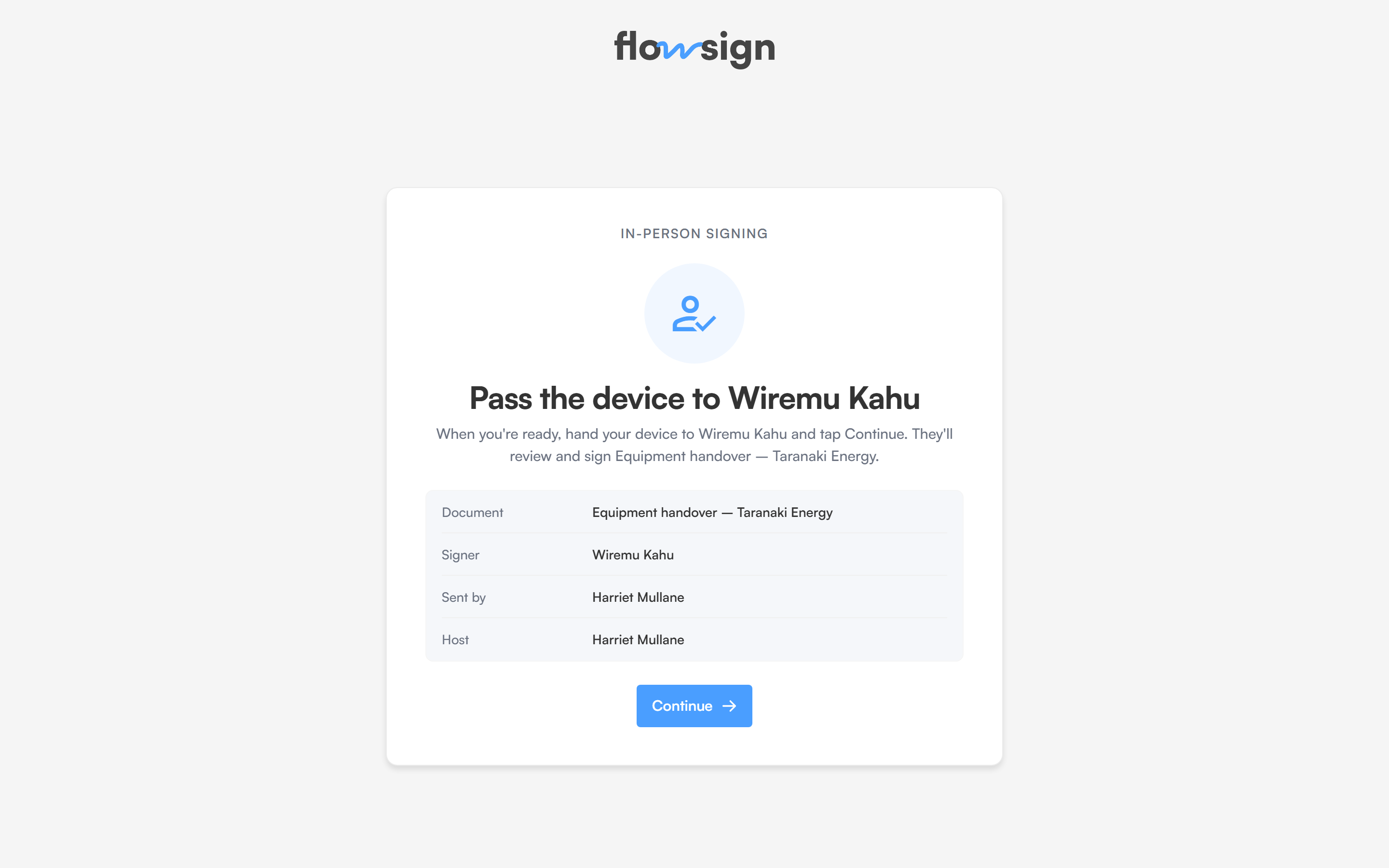 The in-person signing host screen
