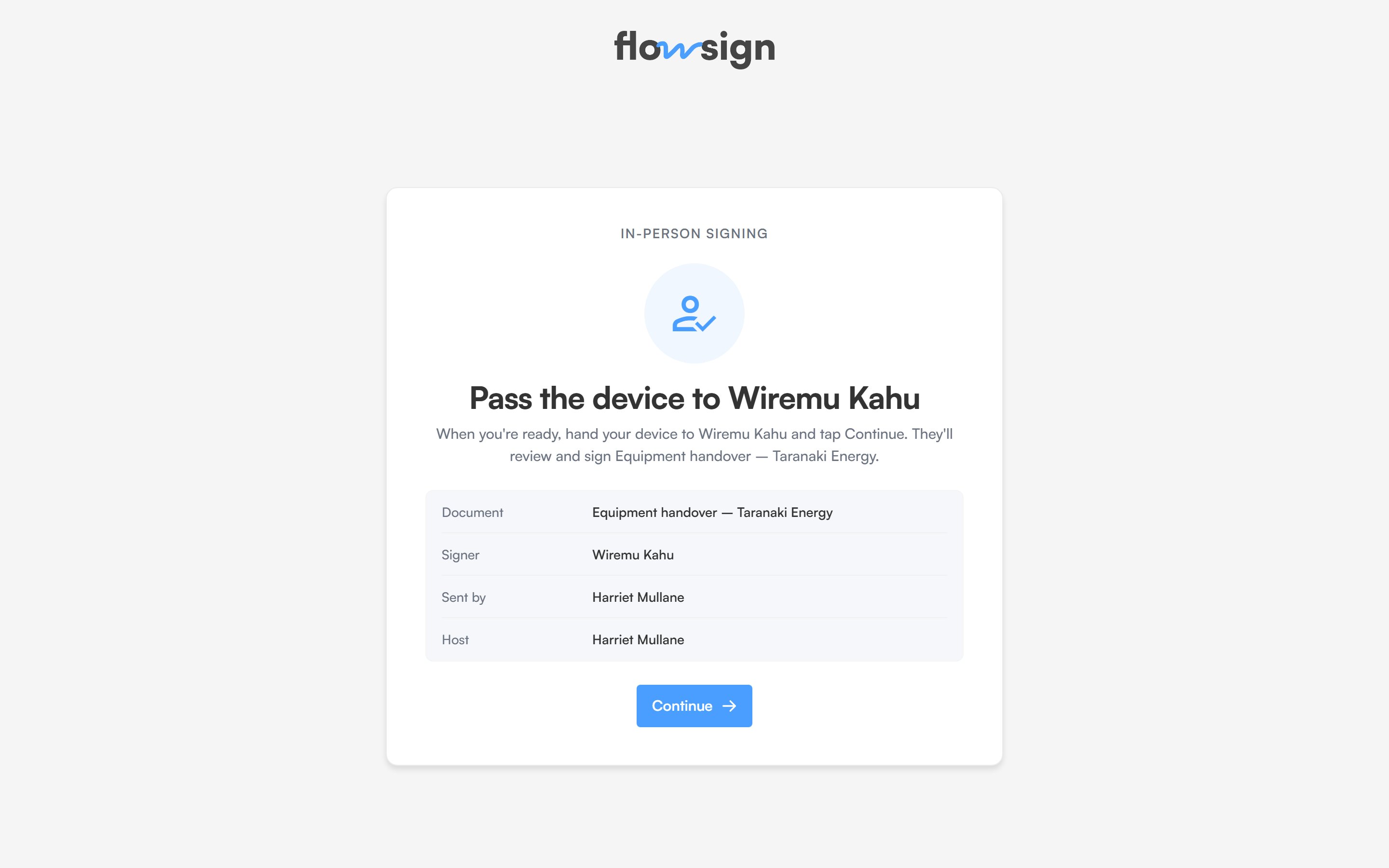 The in-person signing host screen