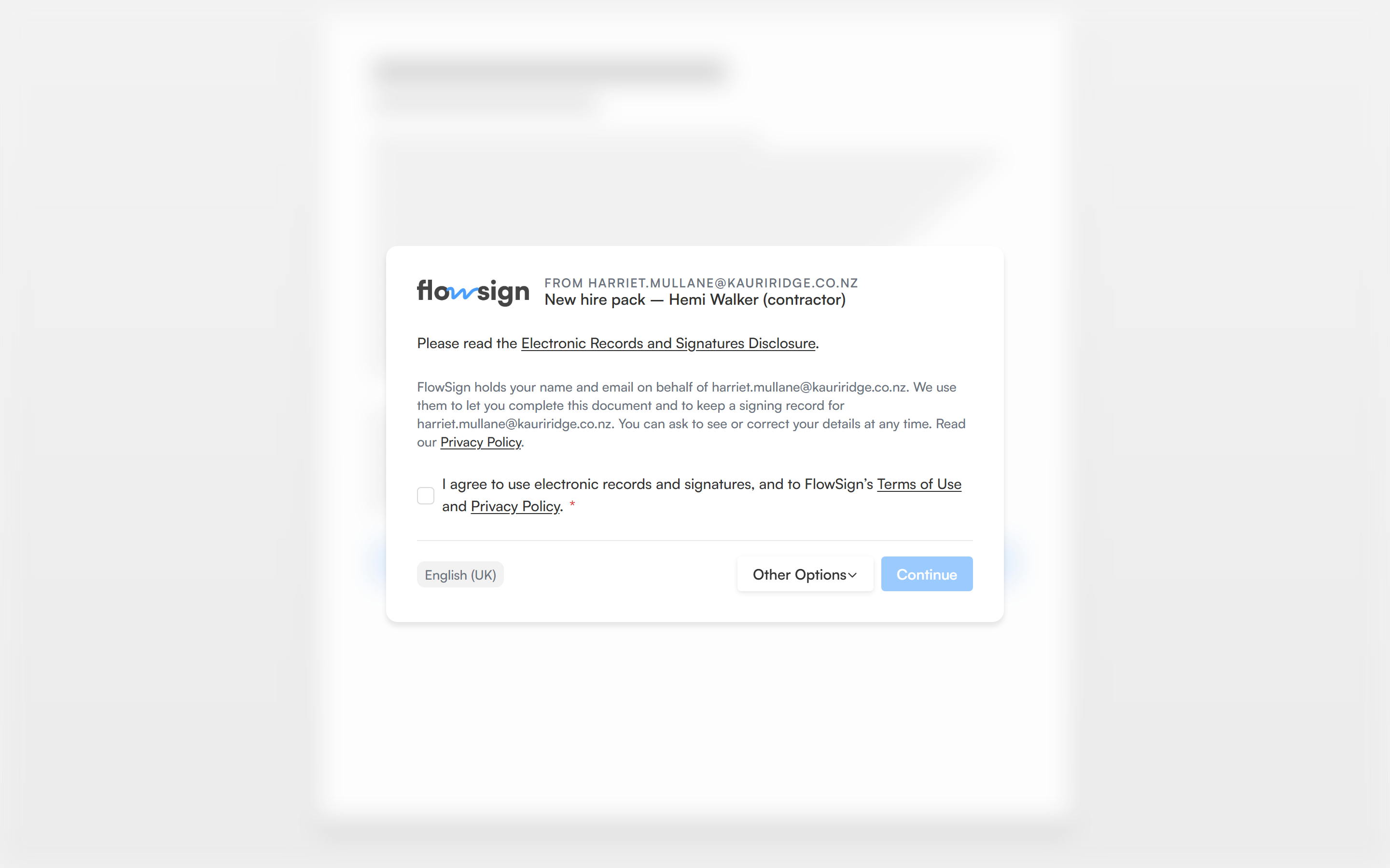 The signing link's consent gate, asking the recipient to agree to sign electronically