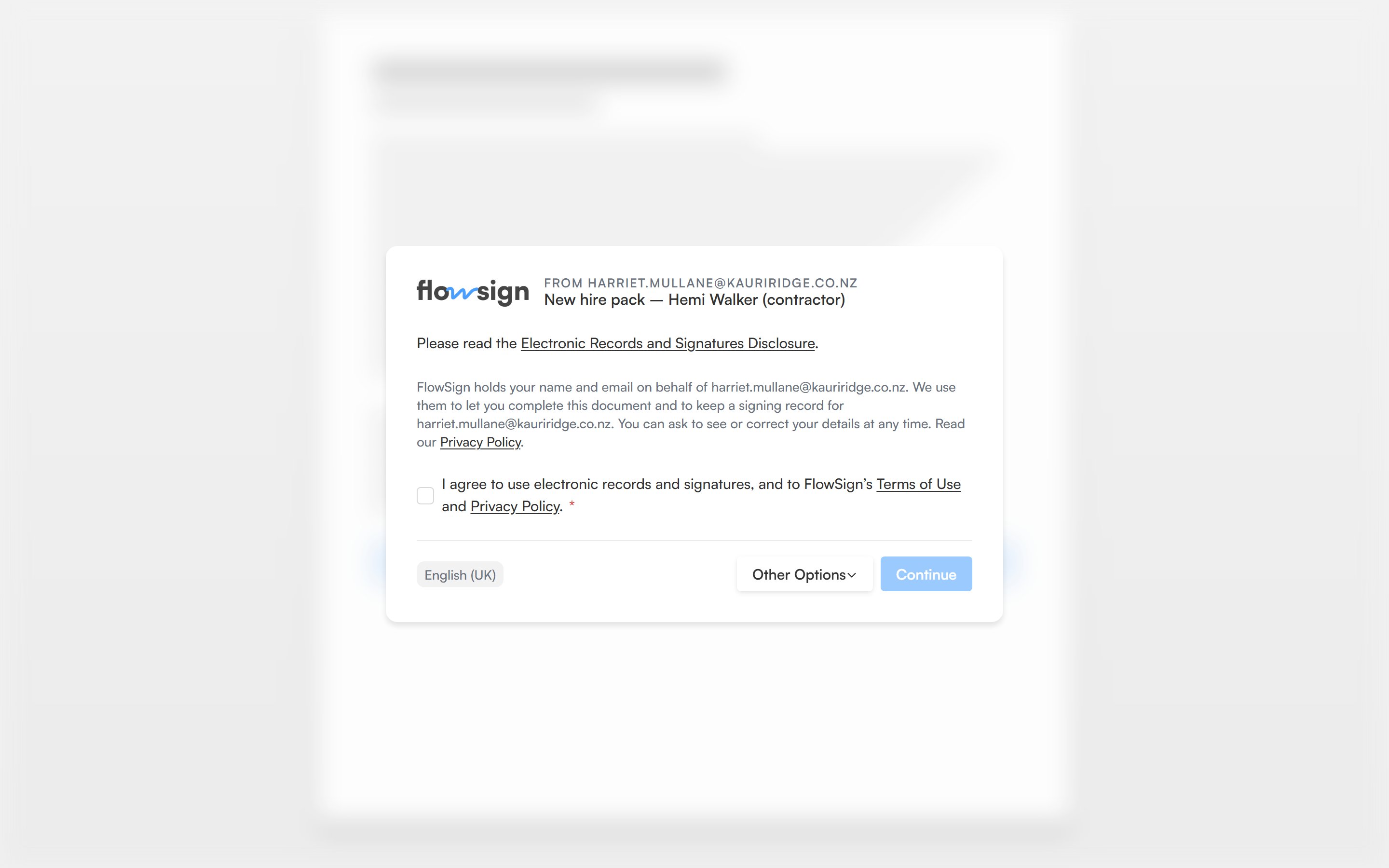 The signing link's consent gate, asking the recipient to agree to sign electronically