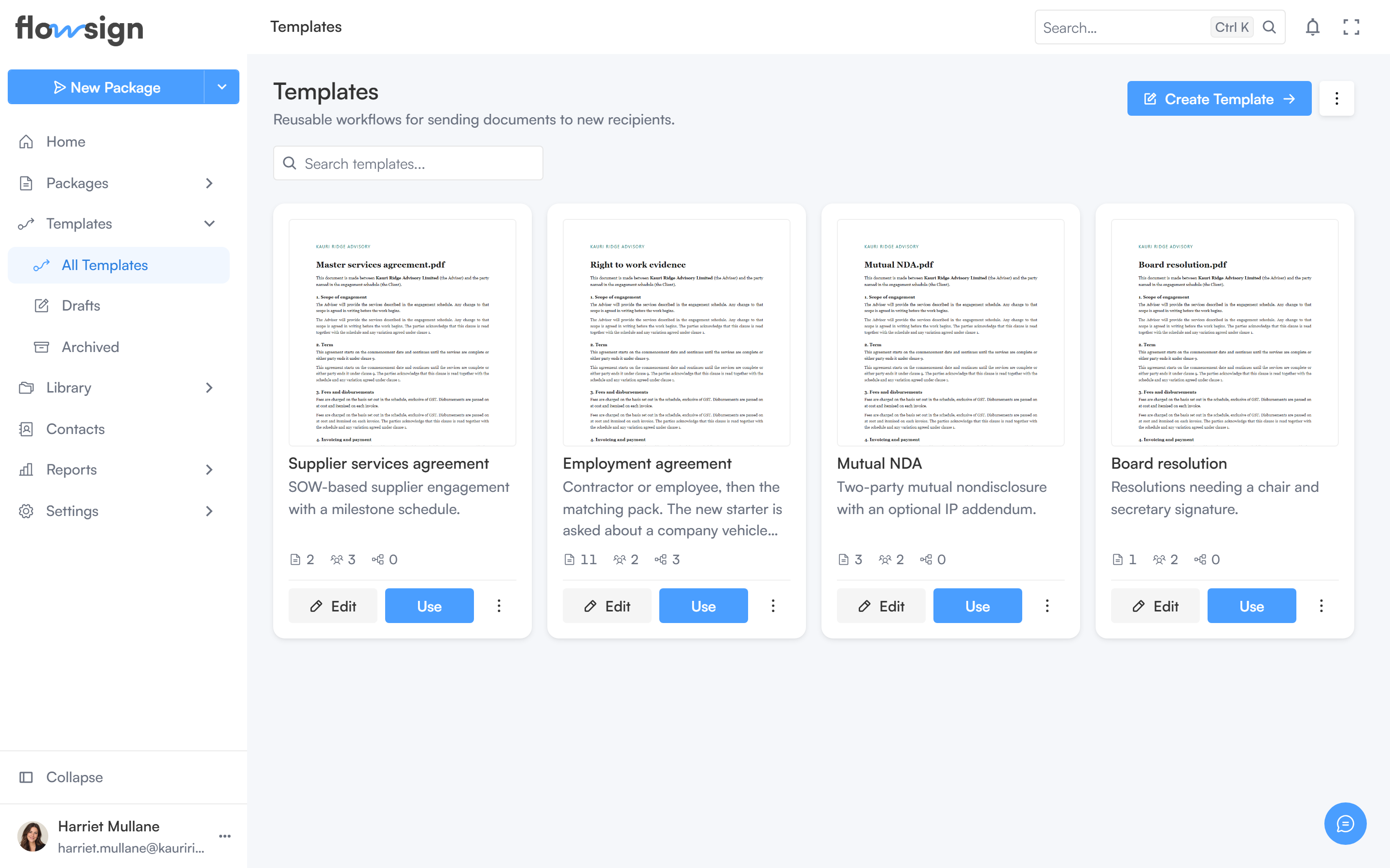 The templates list showing template names, status and access
