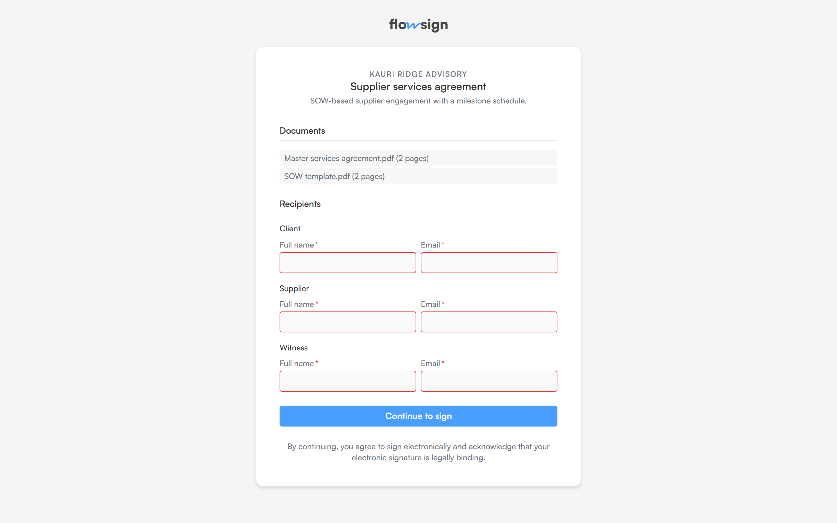 A public PowerForm page listing documents and a name and email field per signing role