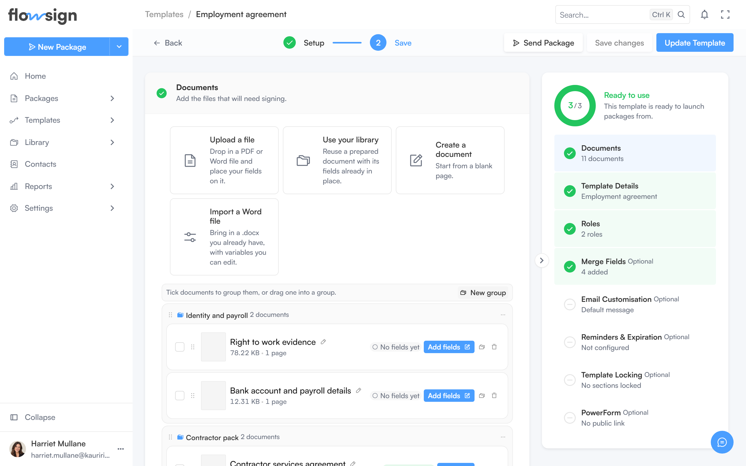 The template builder showing signing roles and attached documents