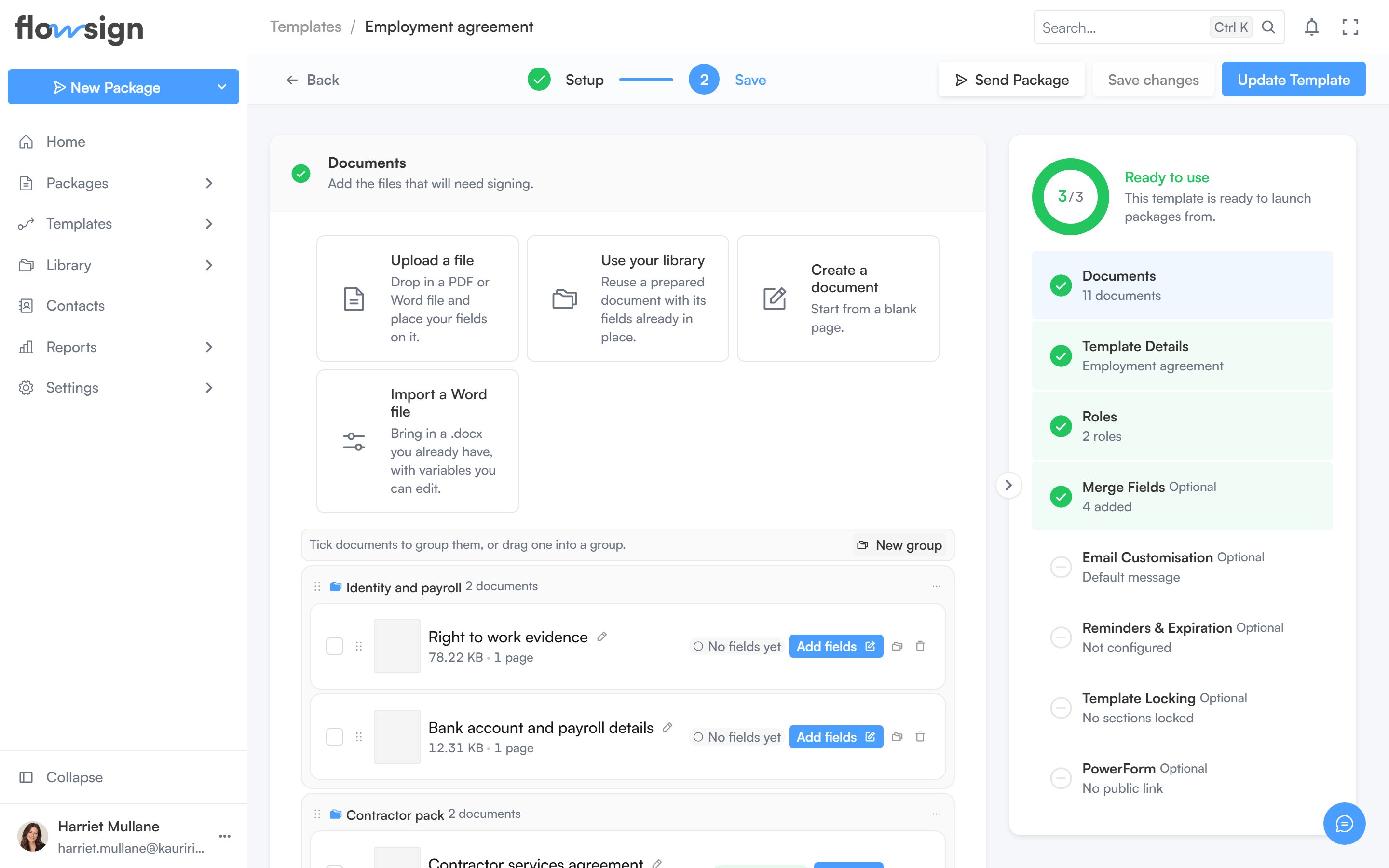 The template builder showing signing roles and attached documents