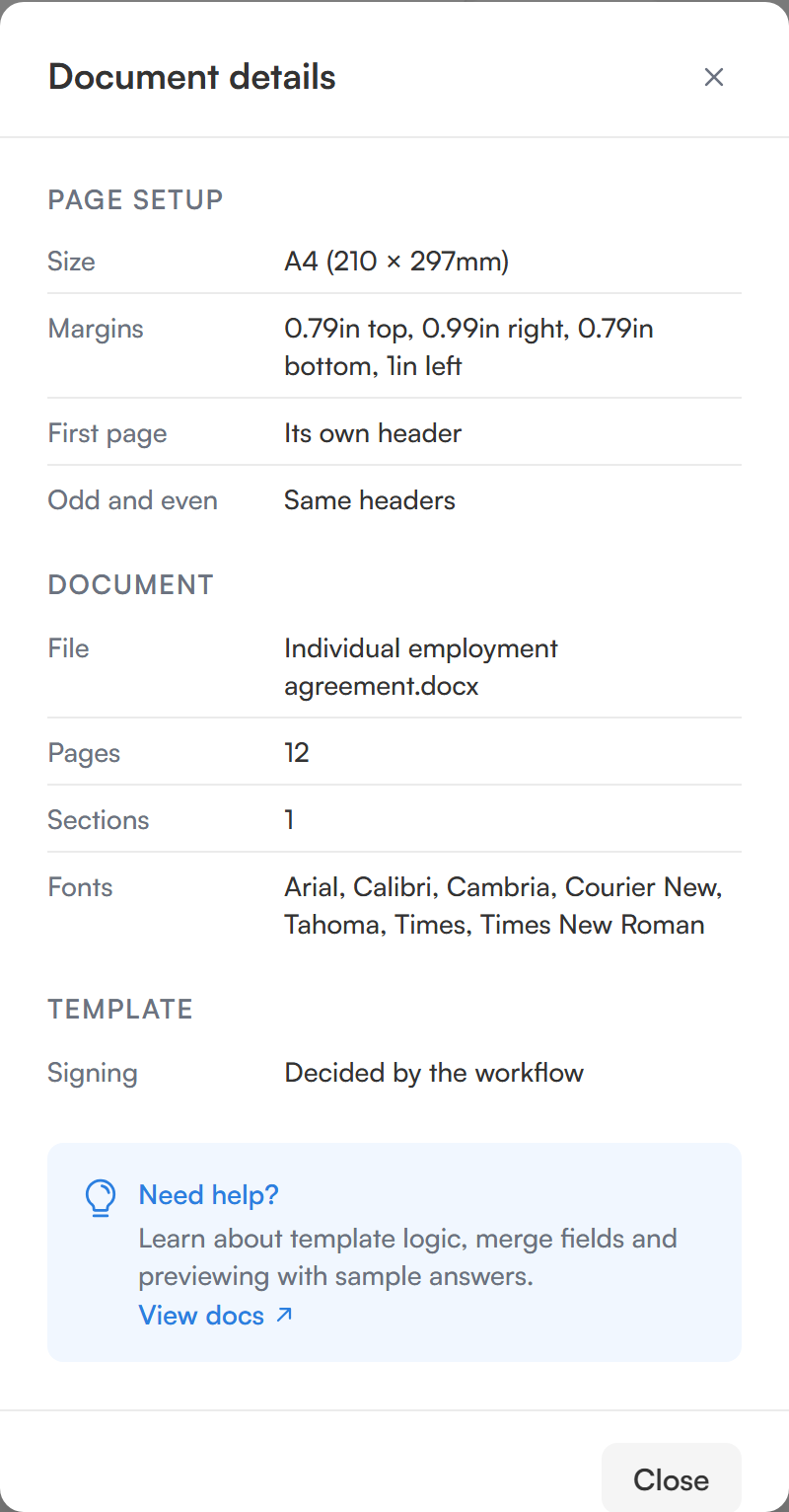 The Document details dialog showing page setup, the document and the template