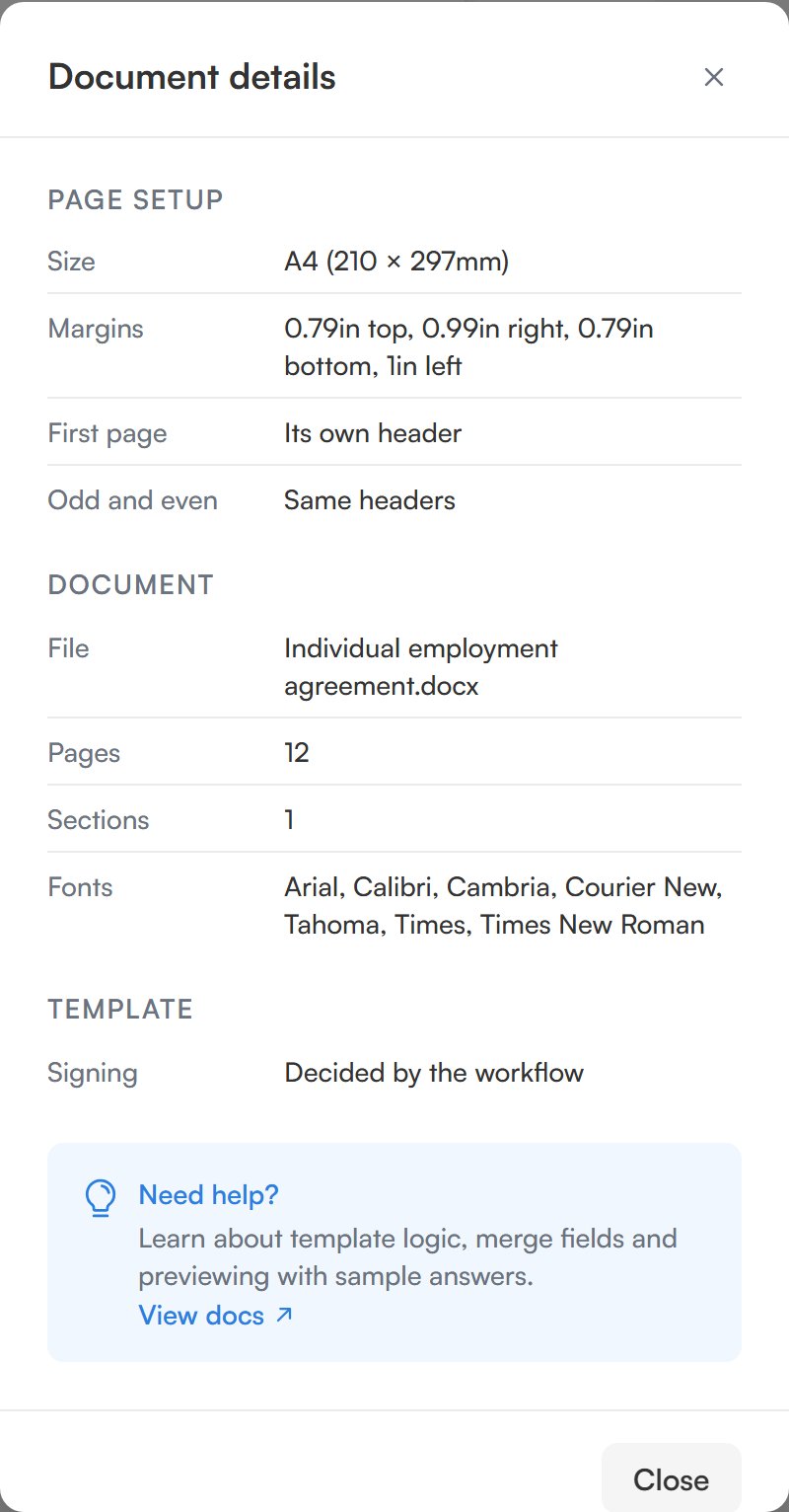 The Document details dialog showing page setup, the document and the template