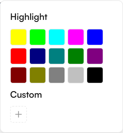 The highlight menu with a grid of colour swatches and a Custom section