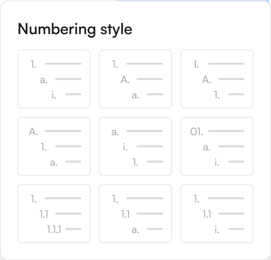 The Numbering style menu showing numbered list presets and outline numbering presets