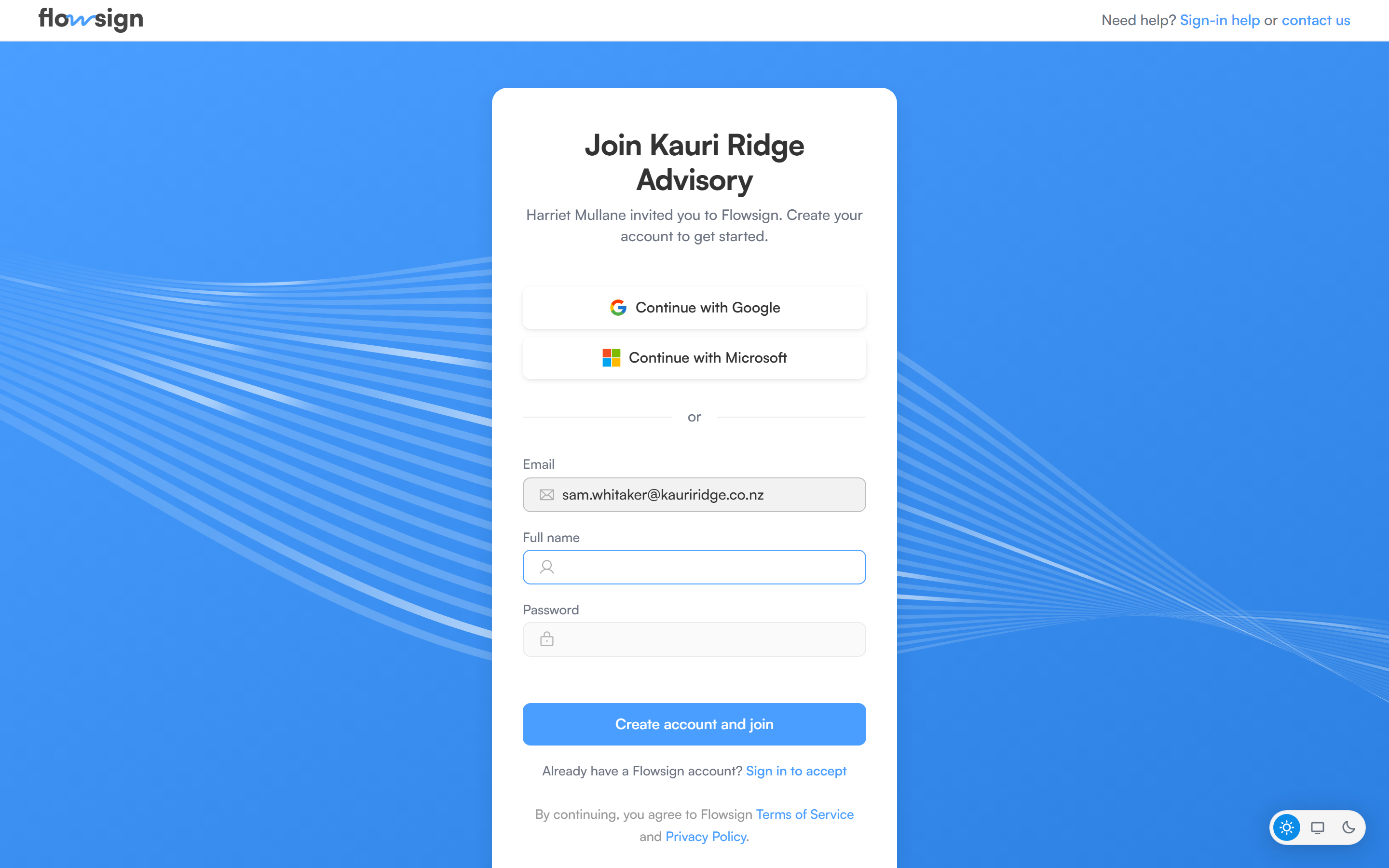 The Join screen for an organisation invite, with the invited email filled in and full name and password fields.