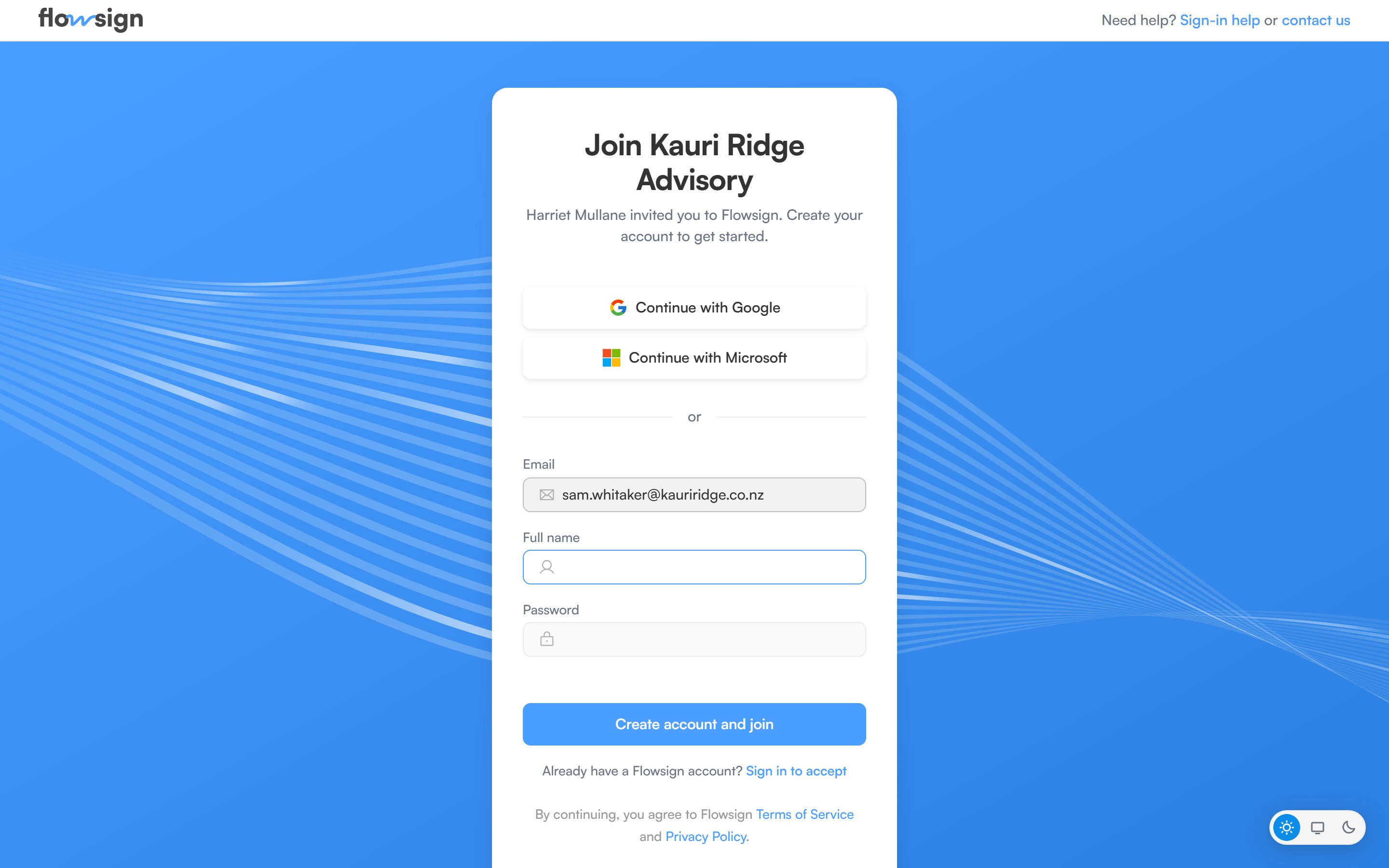 The Join screen for an organisation invite, with the invited email filled in and full name and password fields.