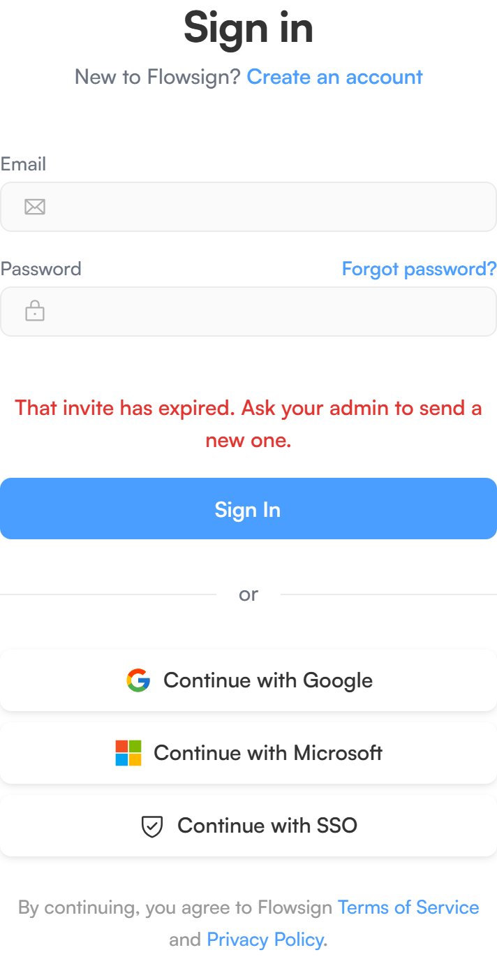The sign-in screen showing a message that the invite has expired.