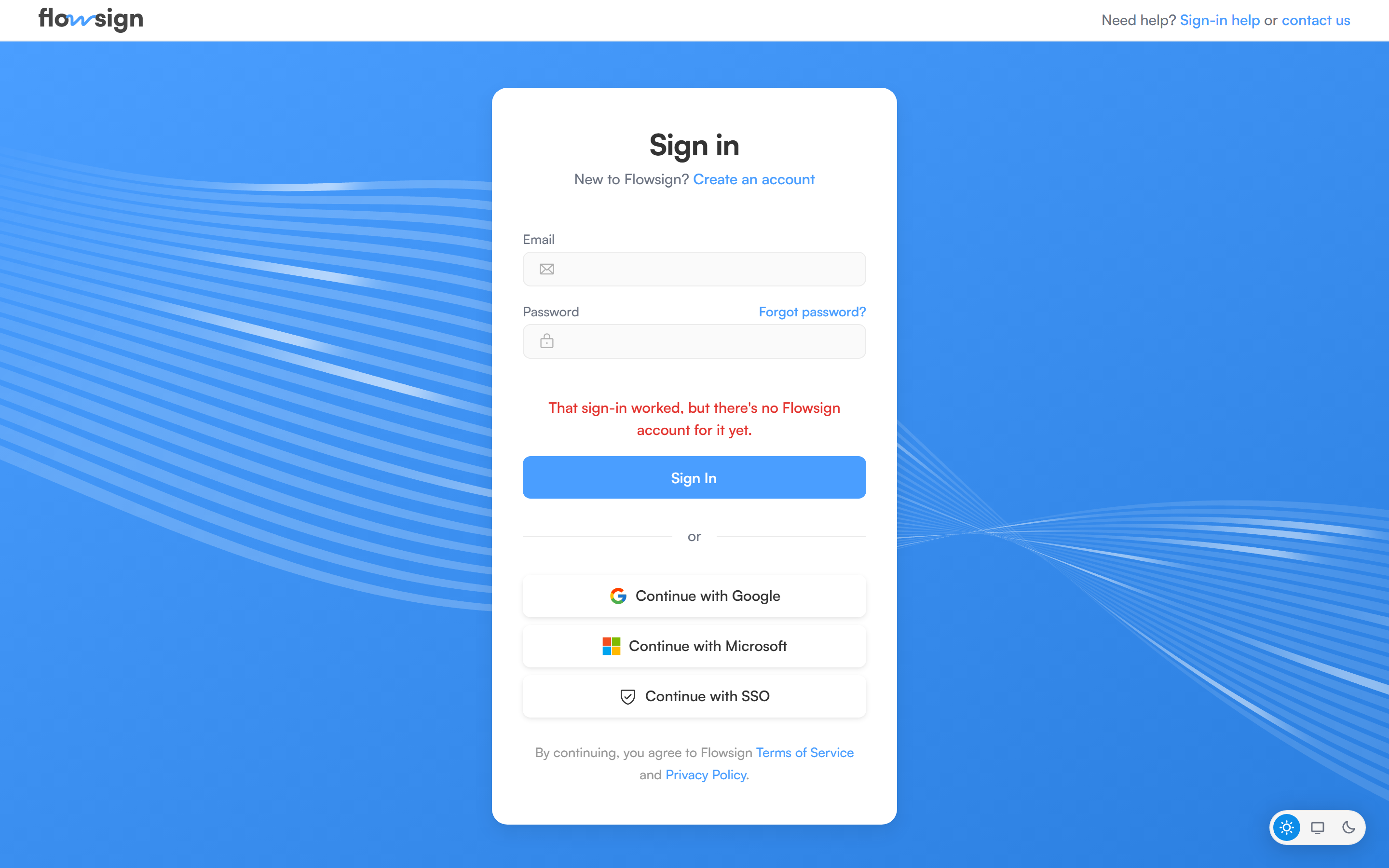 The sign-in screen showing a message under the form saying the sign-in worked but there's no Flowsign account for it yet.