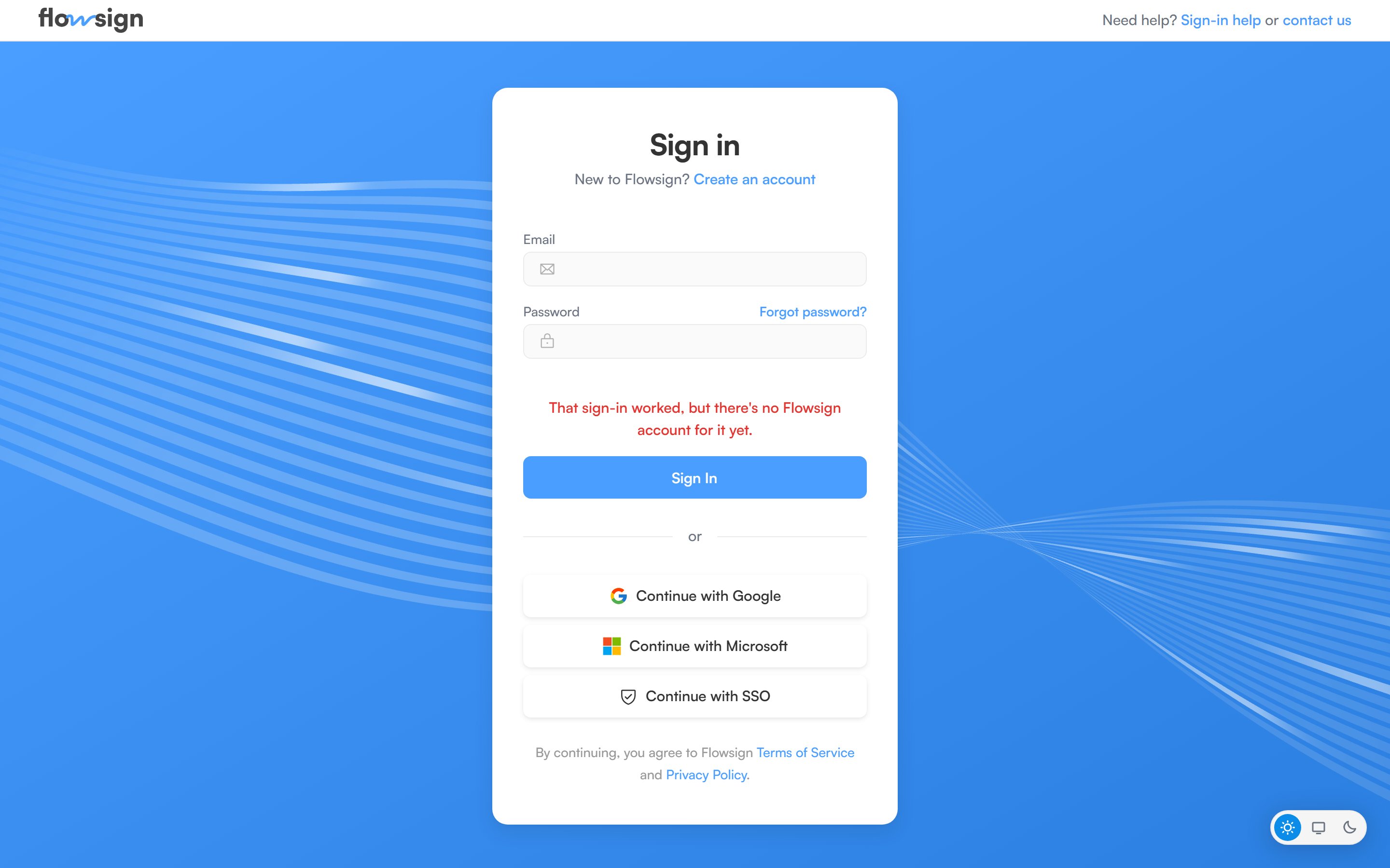 The sign-in screen showing a message under the form saying the sign-in worked but there's no Flowsign account for it yet.