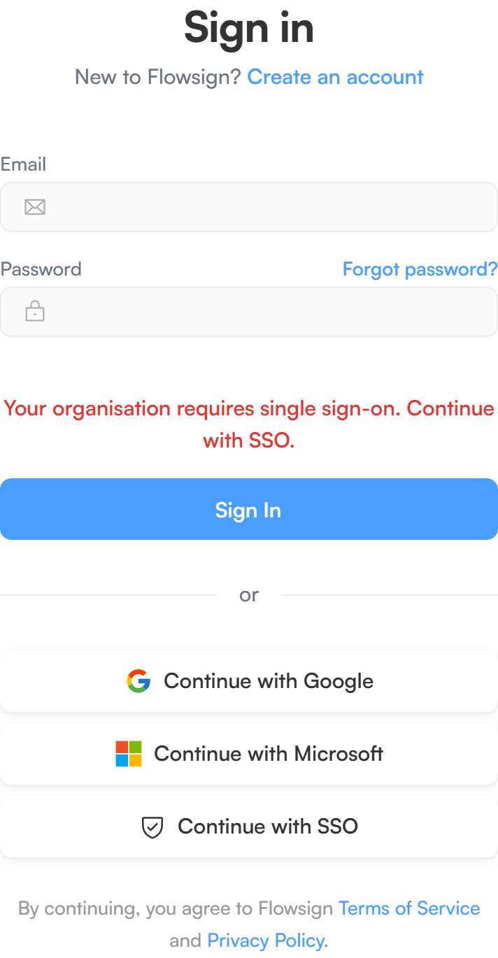 The sign-in screen showing the message that the organisation requires single sign-on.