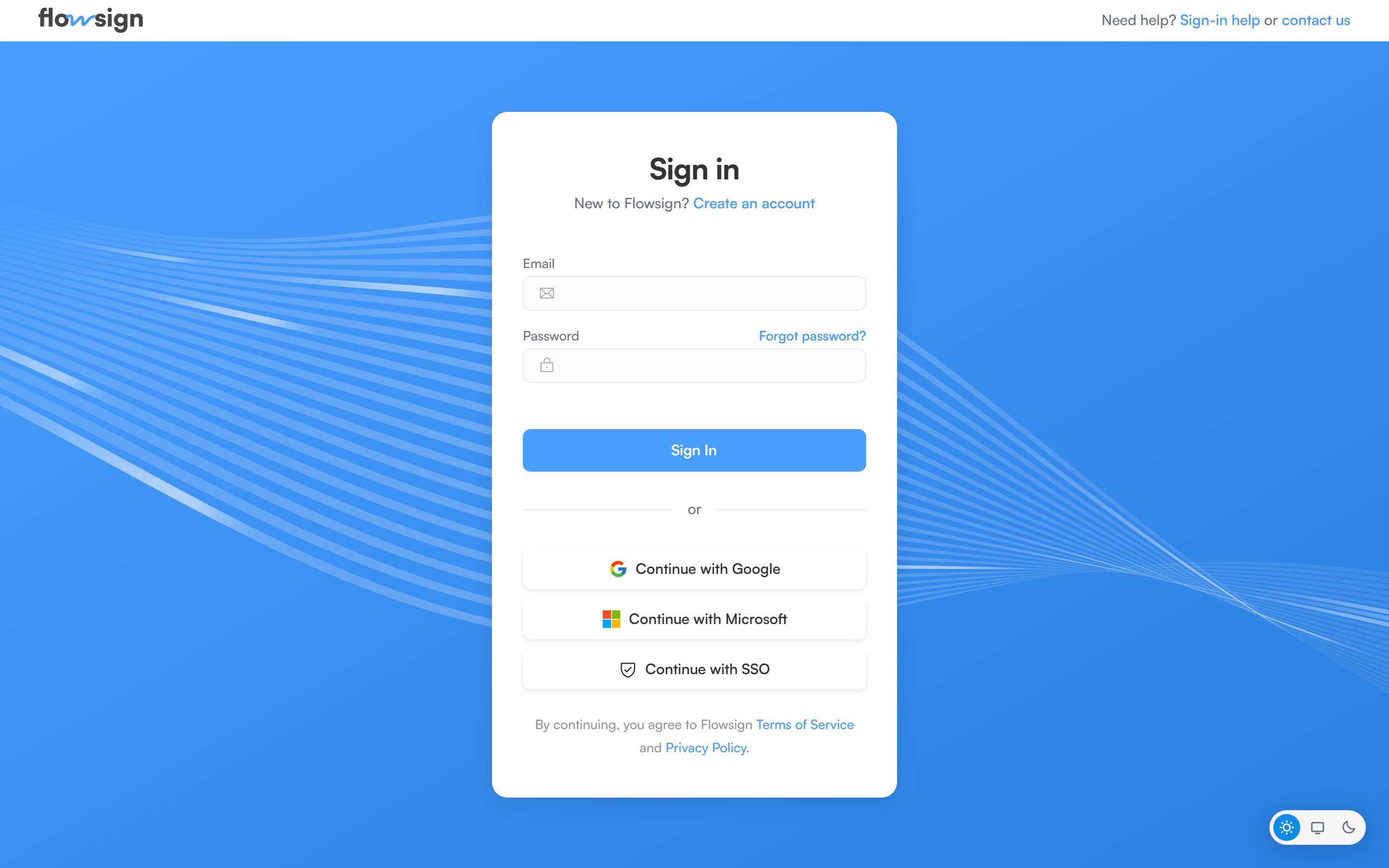 The Flowsign sign-in screen with email and password fields and Google, Microsoft and SSO buttons.