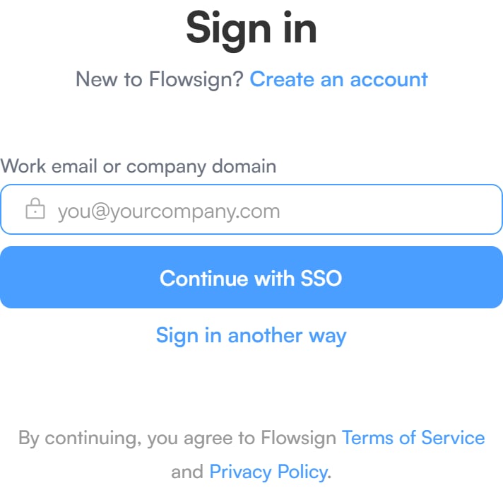 The single sign-on panel with a work email or company domain field and a Continue with SSO button.