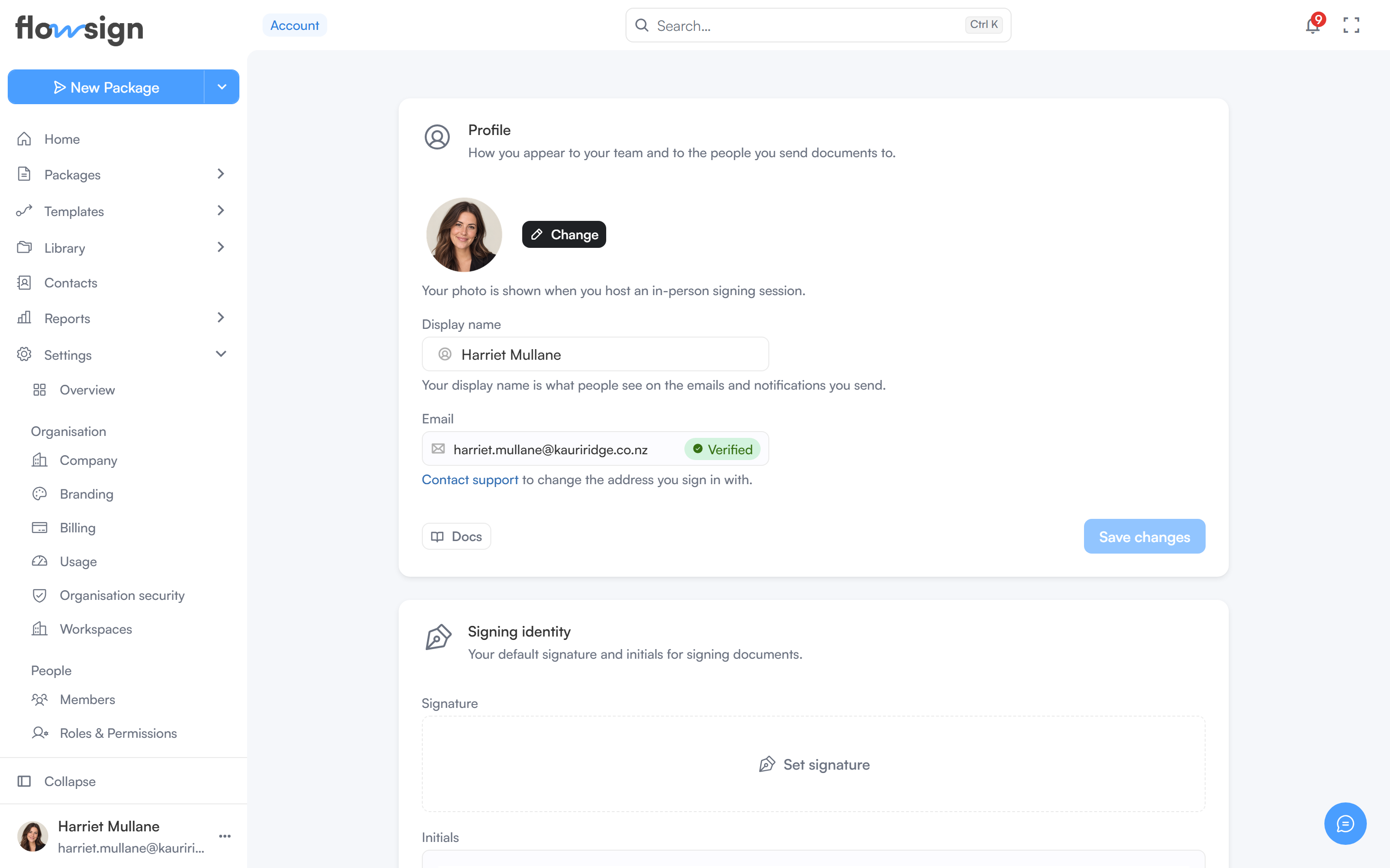 The my account page showing profile and security settings