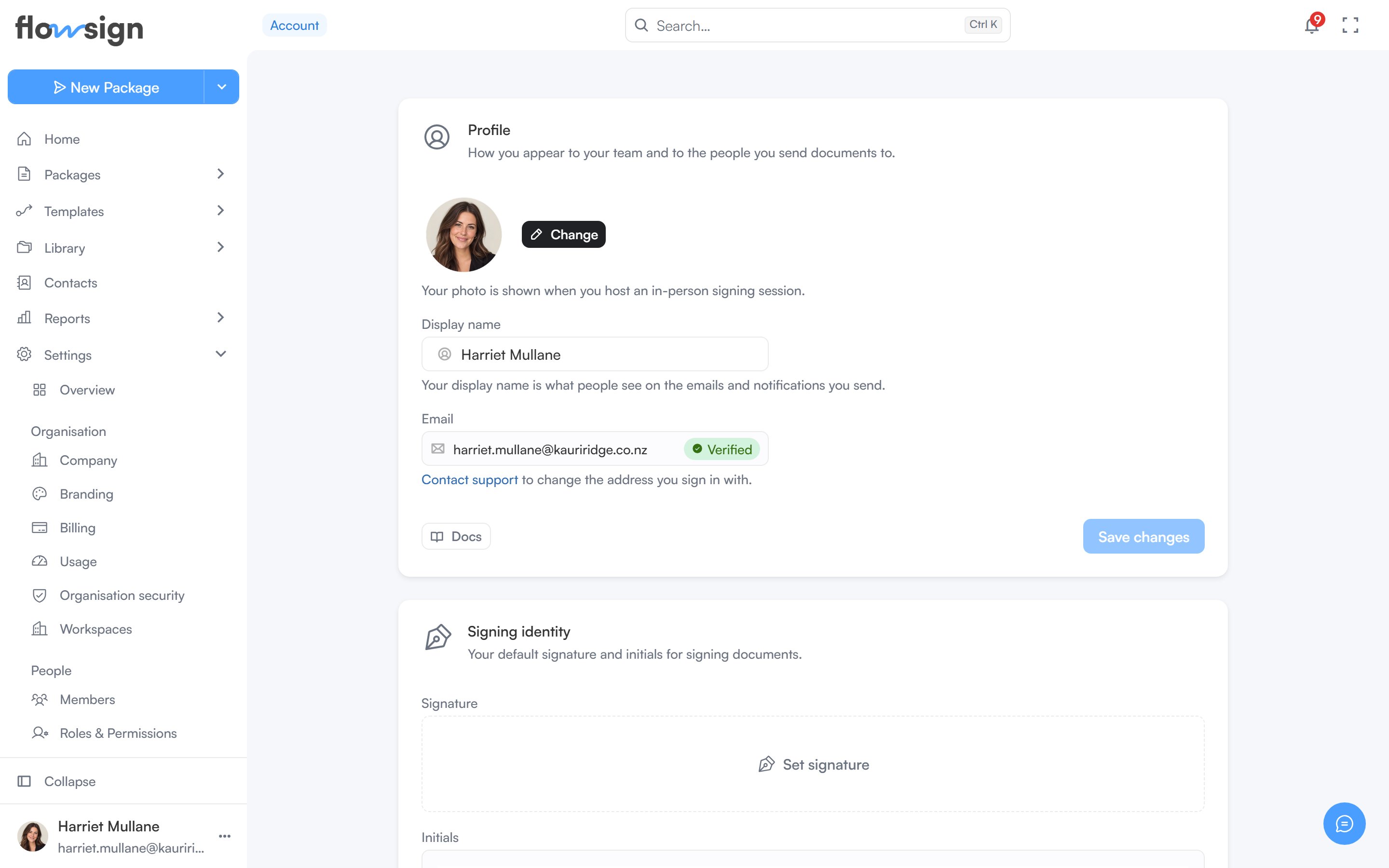 The my account page showing profile and security settings
