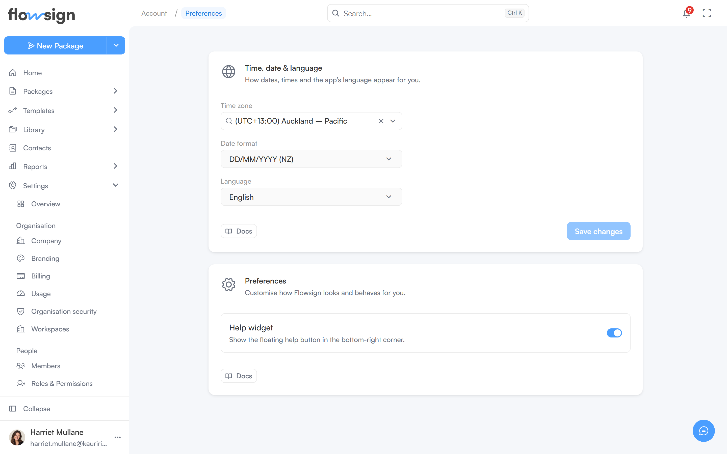 The Preferences page with time zone, date format and language pickers and a Help widget toggle