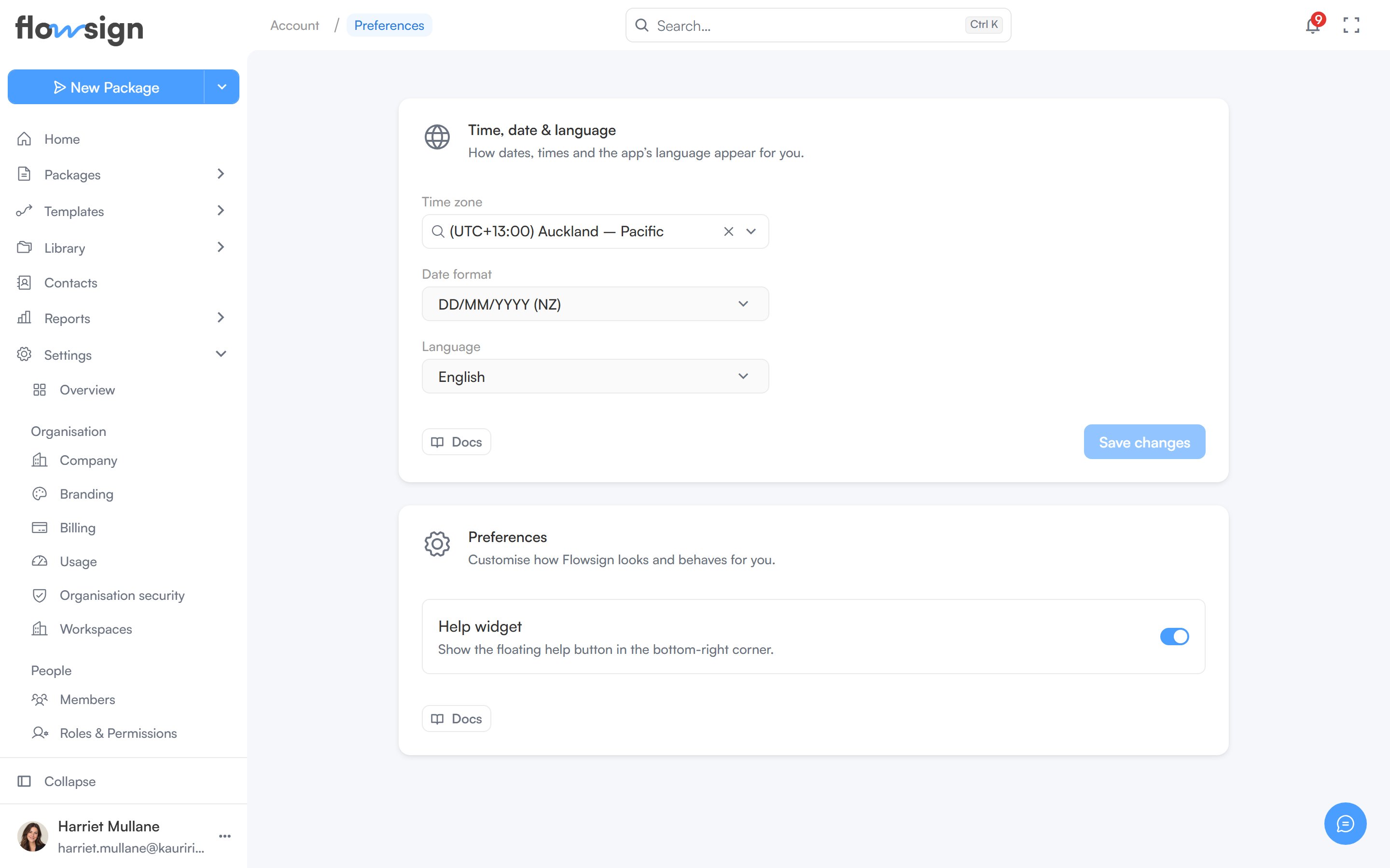 The Preferences page with time zone, date format and language pickers and a Help widget toggle