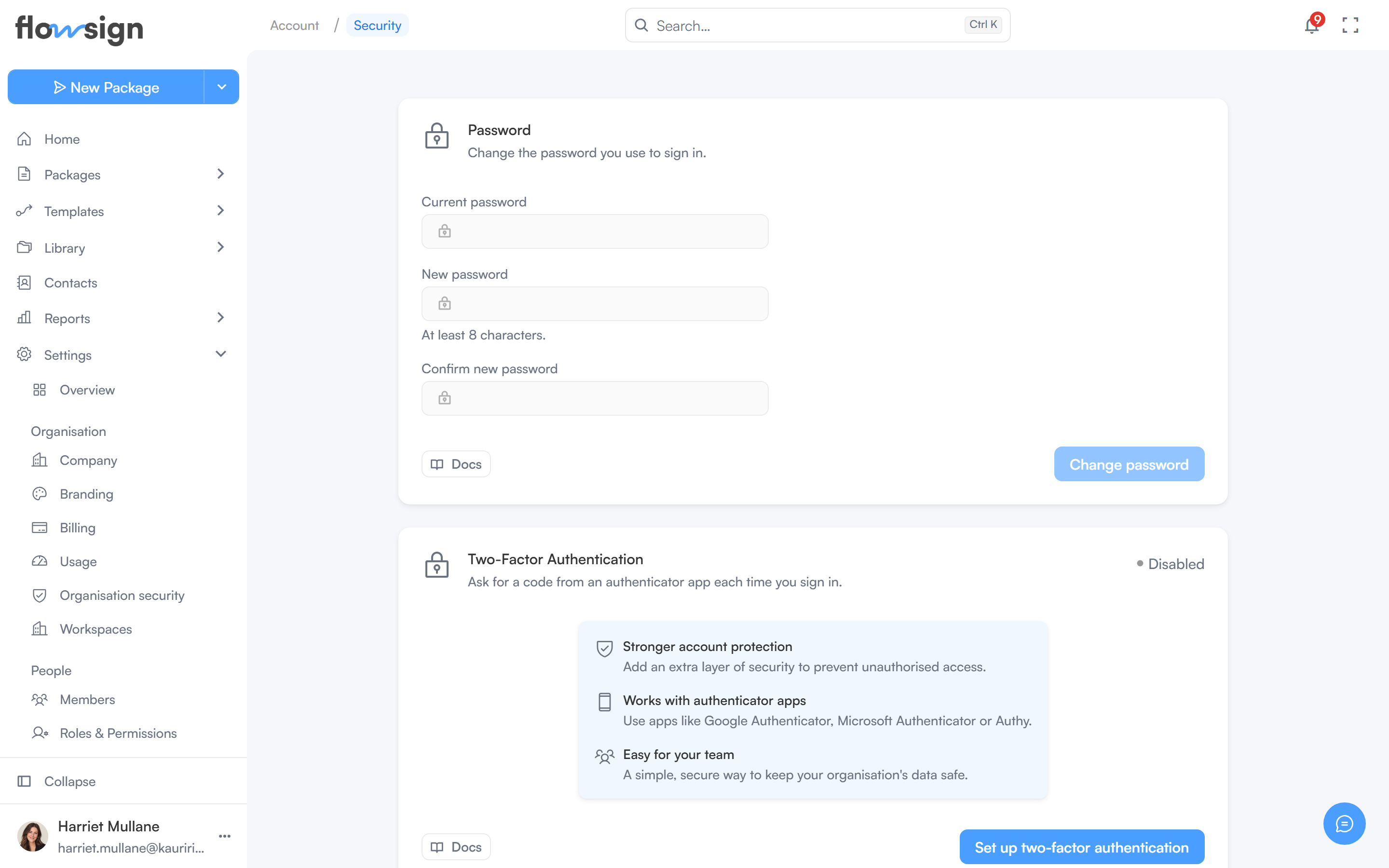 The Security and access page with password fields and a Two-Factor Authentication card offering to set up an authenticator app