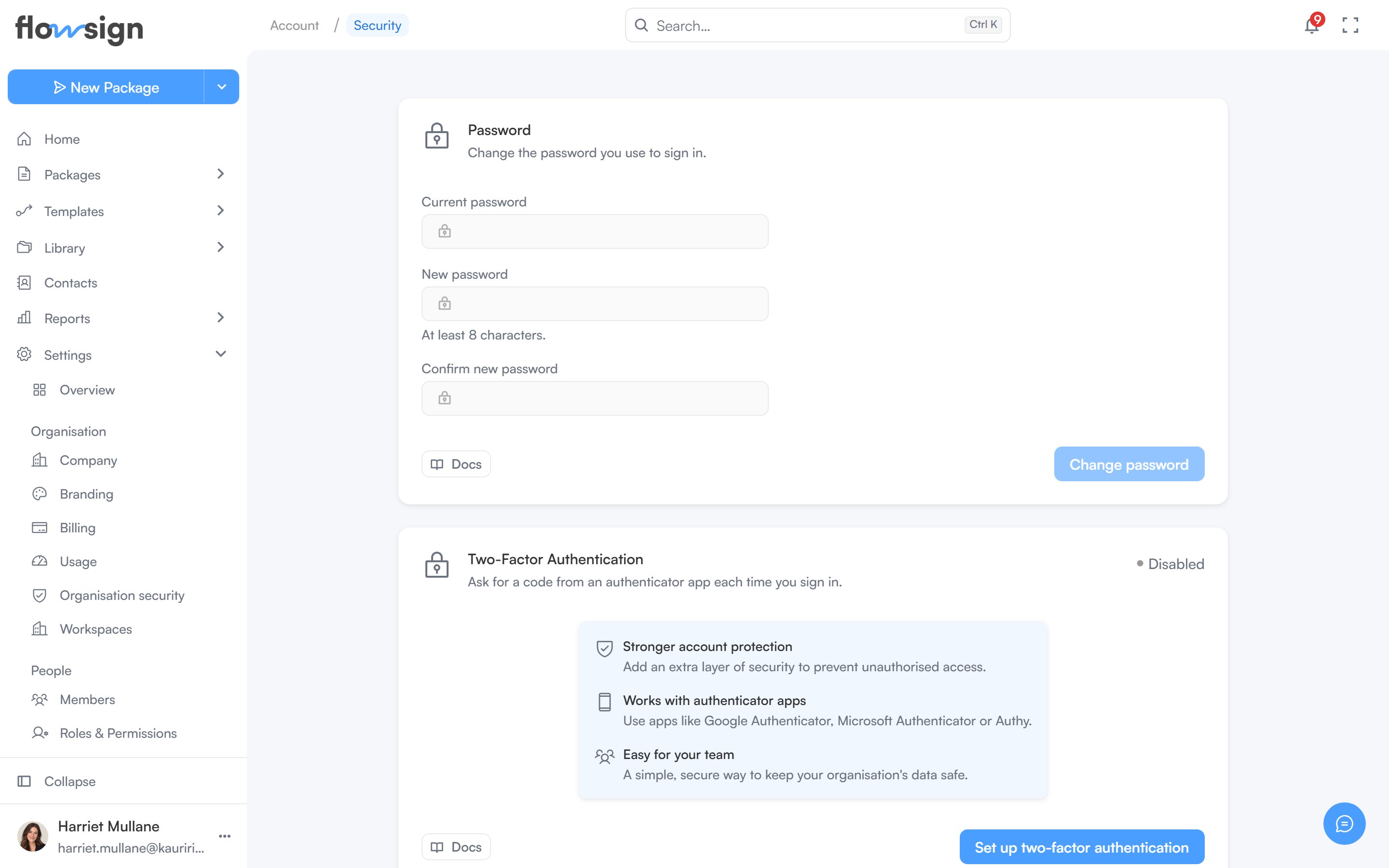 The Security and access page with password fields and a Two-Factor Authentication card offering to set up an authenticator app