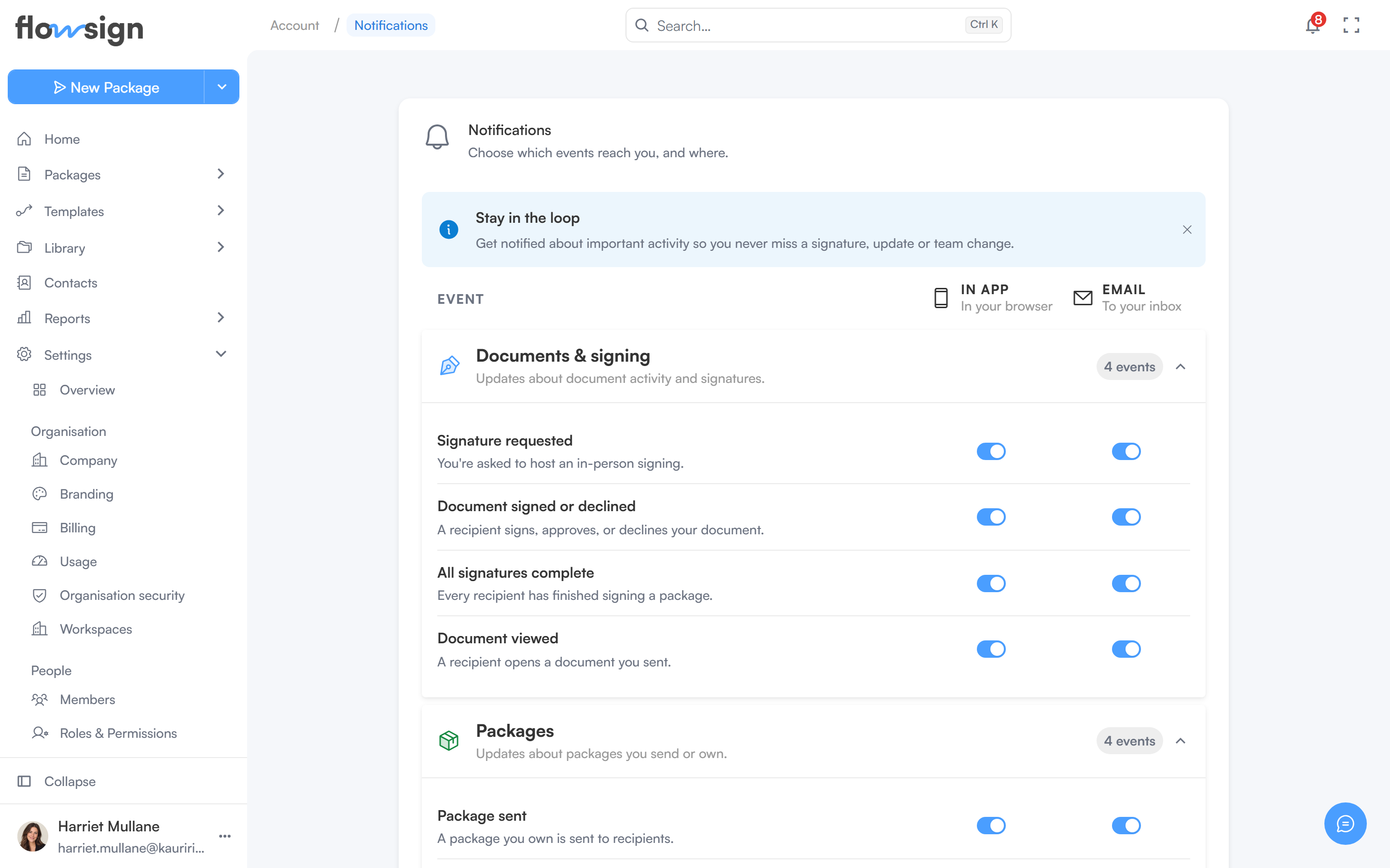 The account notification preferences page