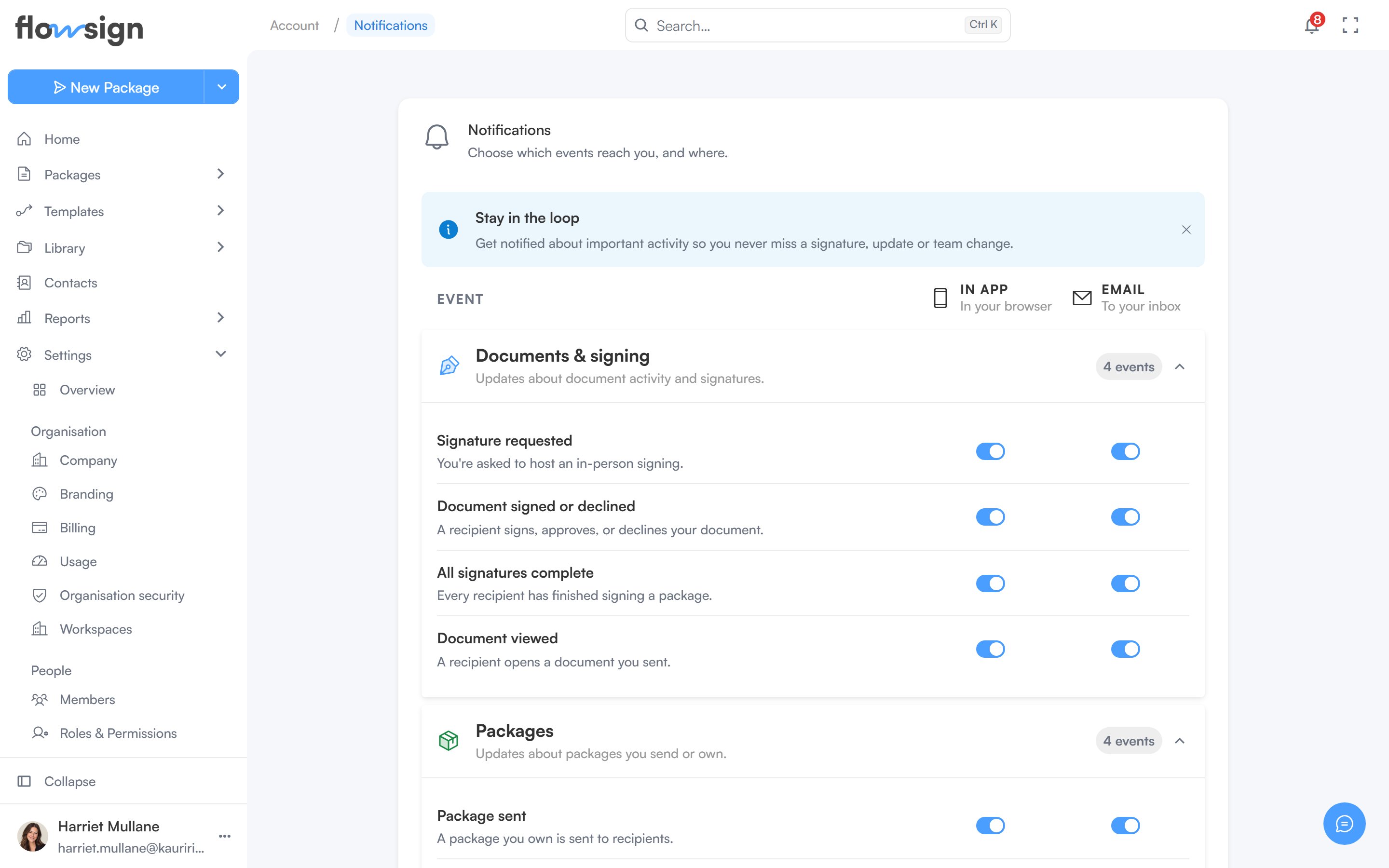 The account notification preferences page