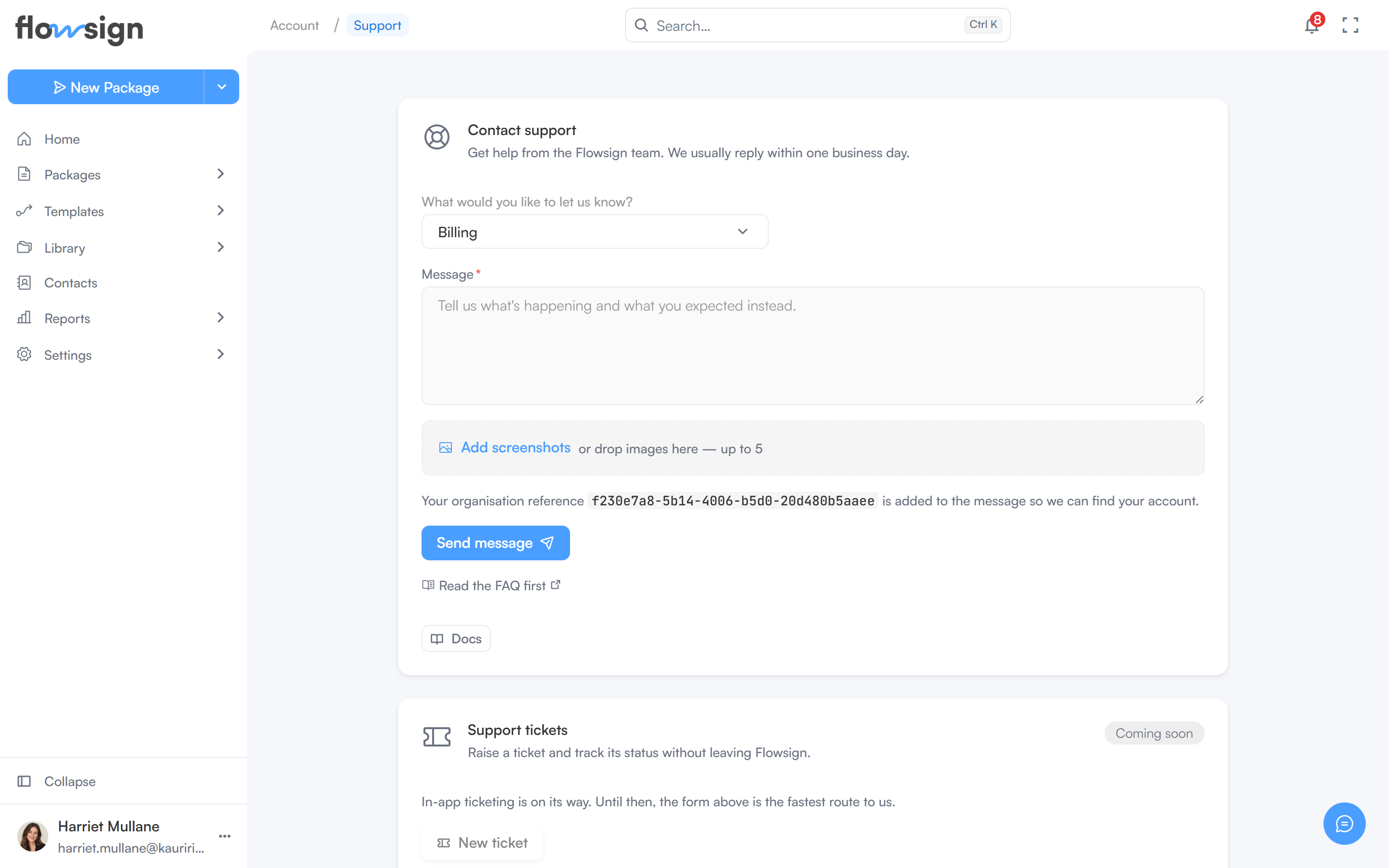 The in-app support request form