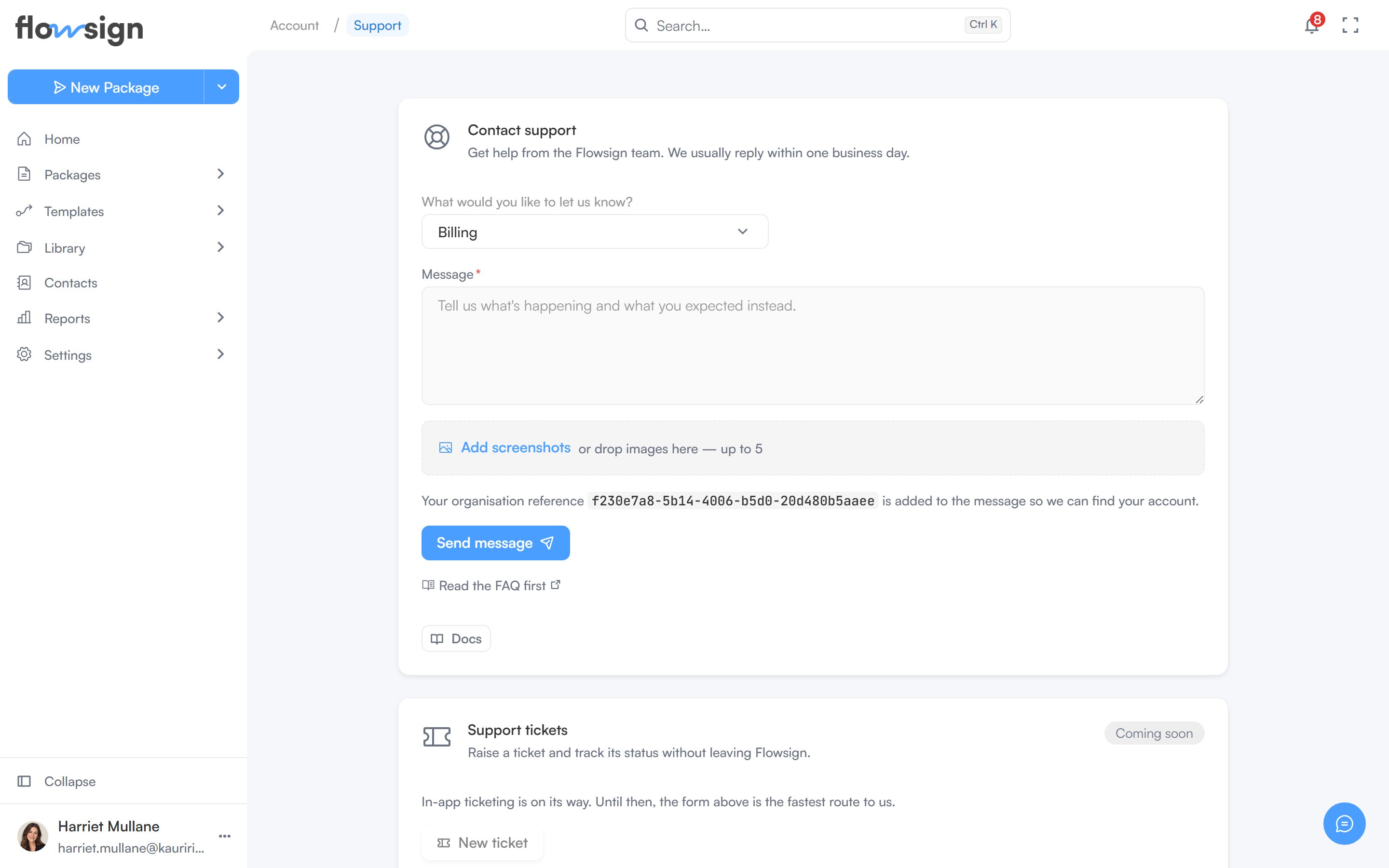 The in-app support request form